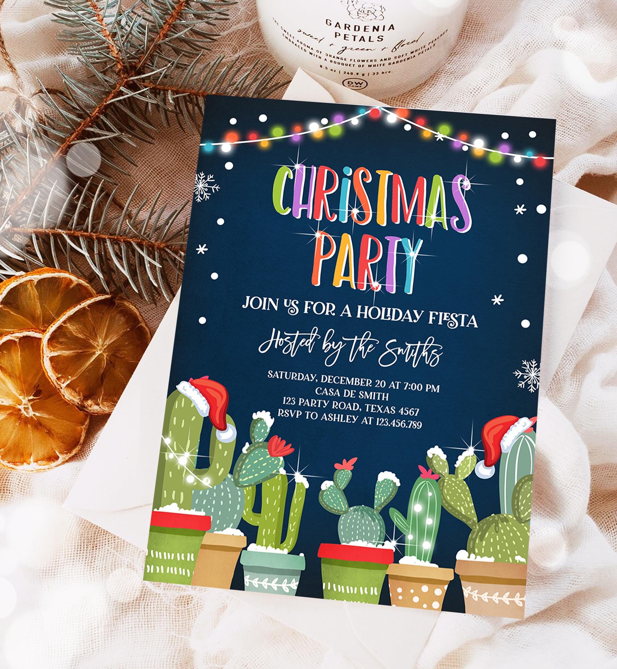 Editable Christmas Party Invitation Holiday Fiesta Cactus Mexican Feliz Navidad Xmas Party Digital Download Evite Template Printable 0273
