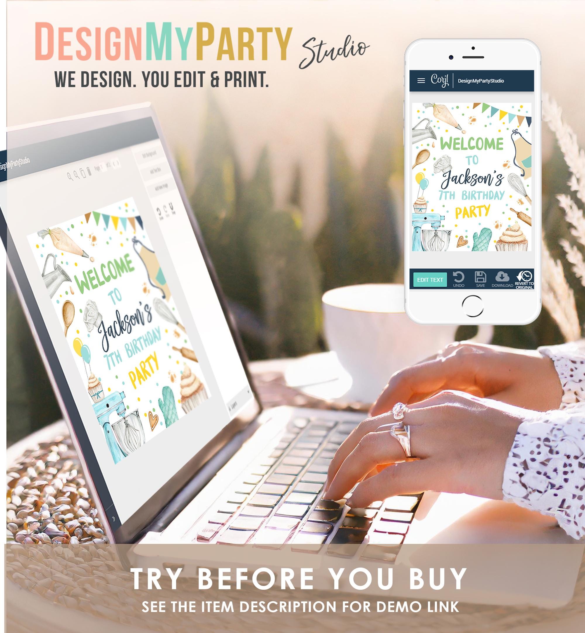 Editable Baking Birthday Party Welcome Sign Cooking Birthday Welcome Boy Little Chef Cupcake Decor Digital Download Template Printable 0364
