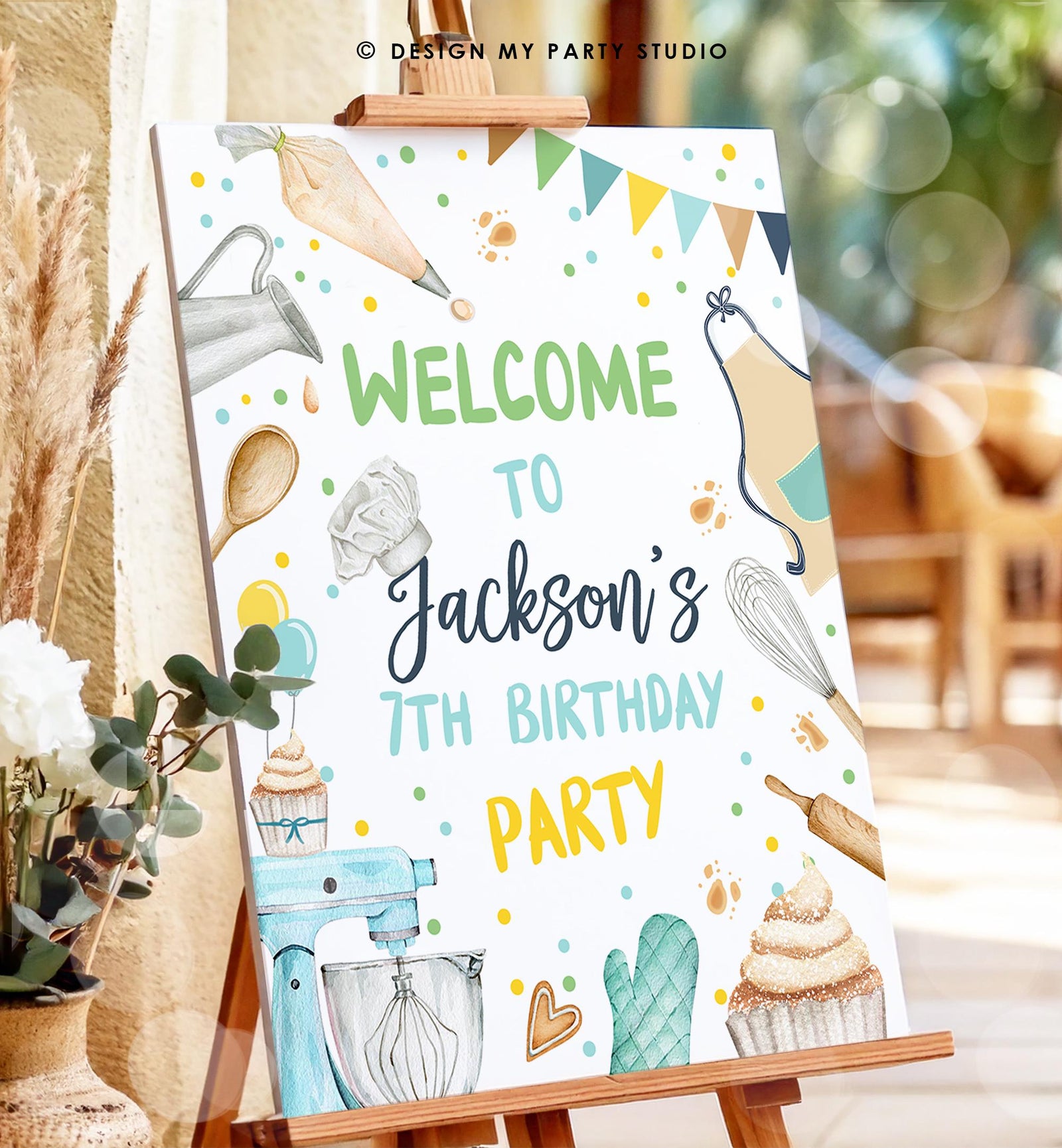 Editable Baking Birthday Party Welcome Sign Cooking Birthday Welcome Boy Little Chef Cupcake Decor Digital Download Template Printable 0364