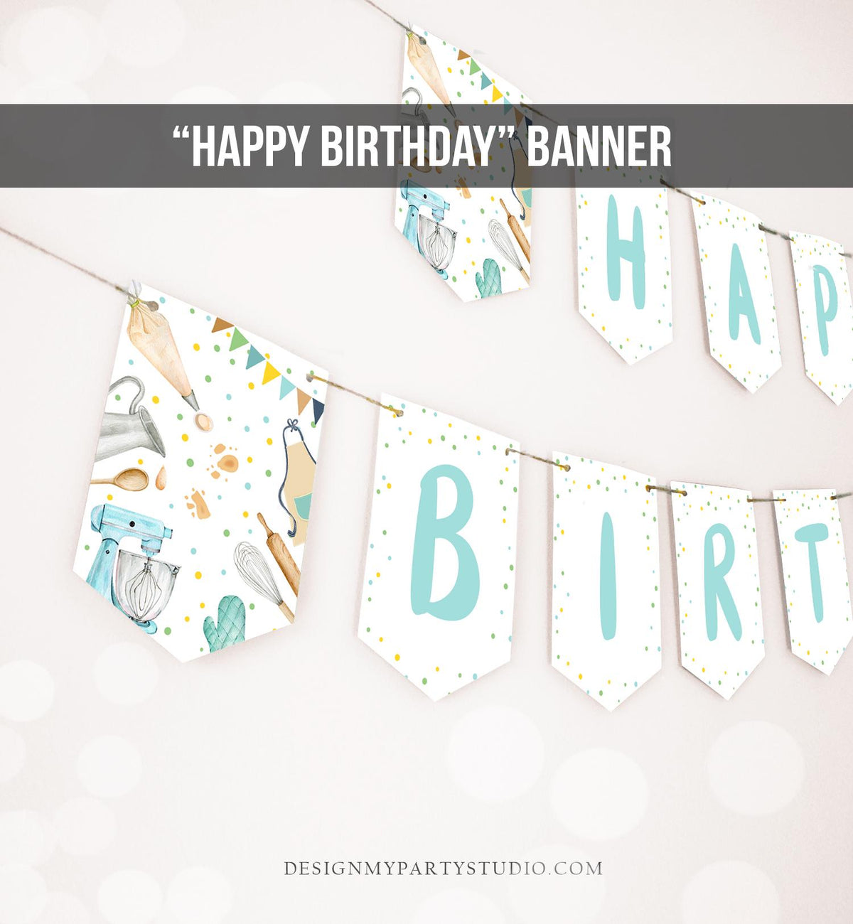 Happy Birthday Banner Baking Birthday Banner Boy Little Chef Cooking Kitchen Party Decoration Instant Digital Download Printable 0364