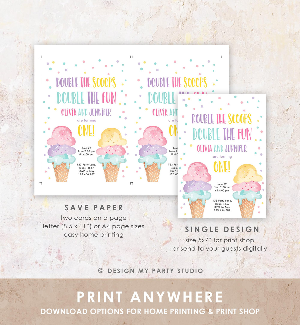 Editable Twin Ice Cream Birthday Invitation First Birthday Double the Scoops Double Fun Twins Purple Pink Girls Template Printable 0243
