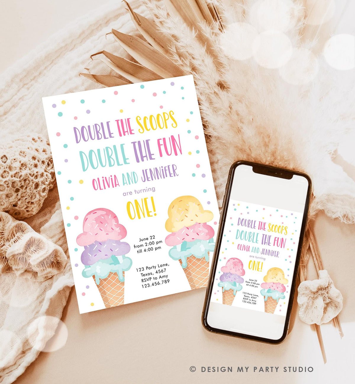 Editable Twin Ice Cream Birthday Invitation First Birthday Double the Scoops Double Fun Twins Purple Pink Girls Template Printable 0243