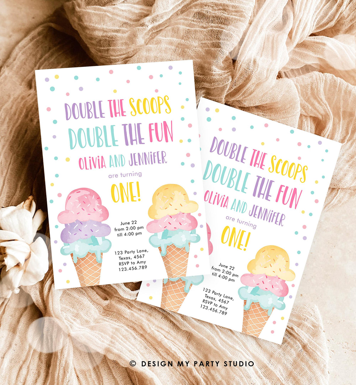 Editable Twin Ice Cream Birthday Invitation First Birthday Double the Scoops Double Fun Twins Purple Pink Girls Template Printable 0243