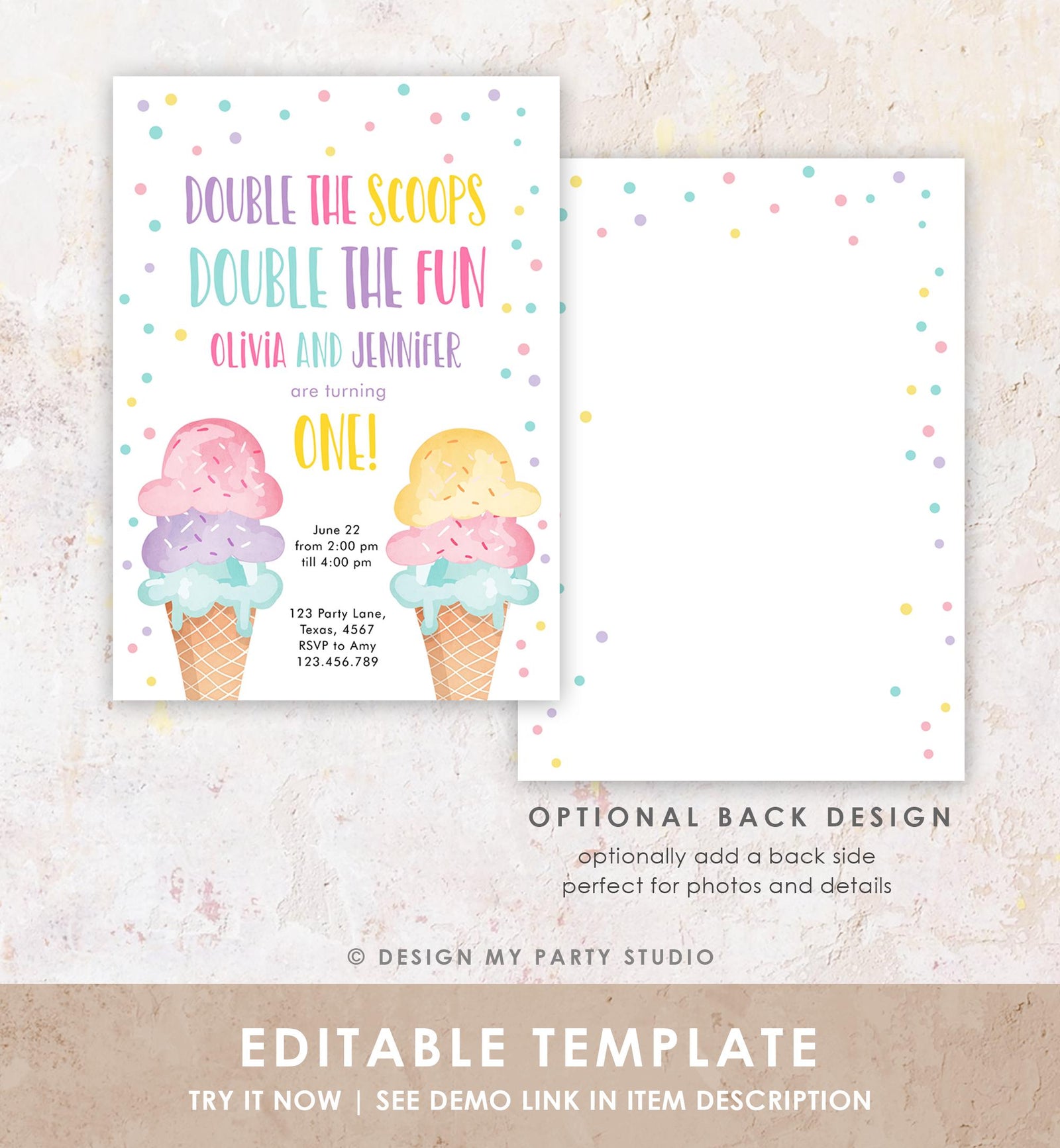 Editable Twin Ice Cream Birthday Invitation First Birthday Double the Scoops Double Fun Twins Purple Pink Girls Template Printable 0243