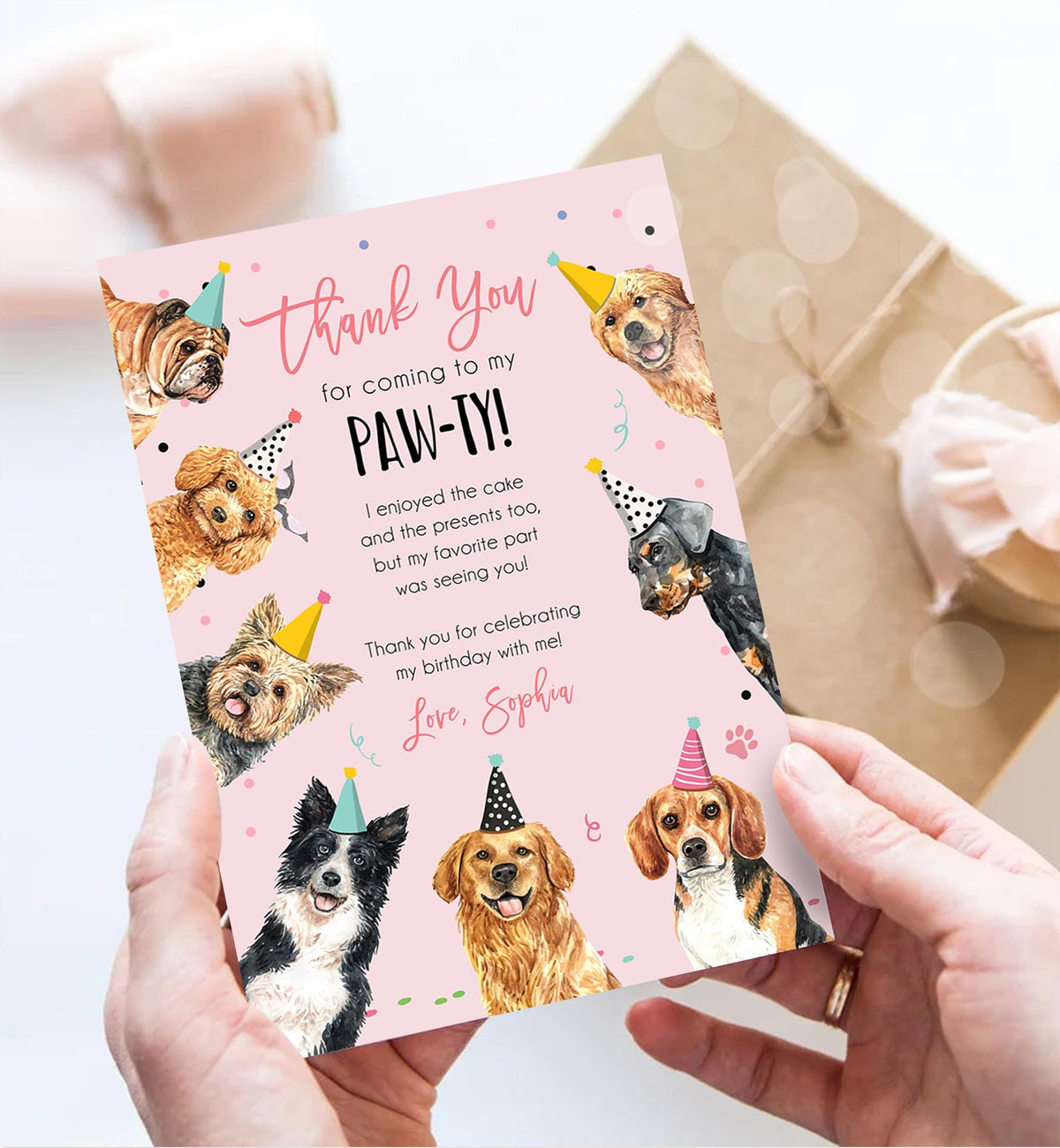 Editable Dog Birthday Thank You Card Puppy Birthday Note Pink Girl Pawty Birthday Animal Pet Vet Digital Download Template Printable 0384