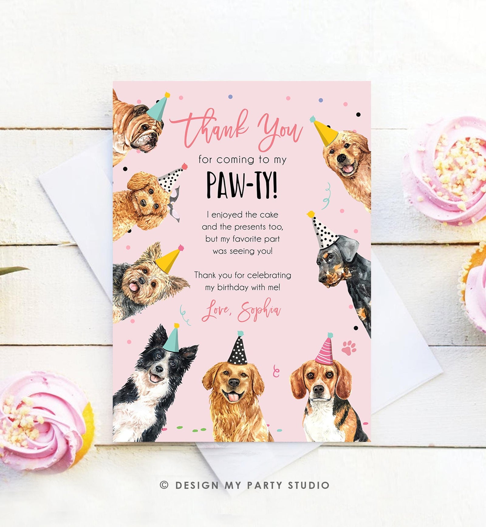 Editable Dog Birthday Thank You Card Puppy Birthday Note Pink Girl Pawty Birthday Animal Pet Vet Digital Download Template Printable 0384