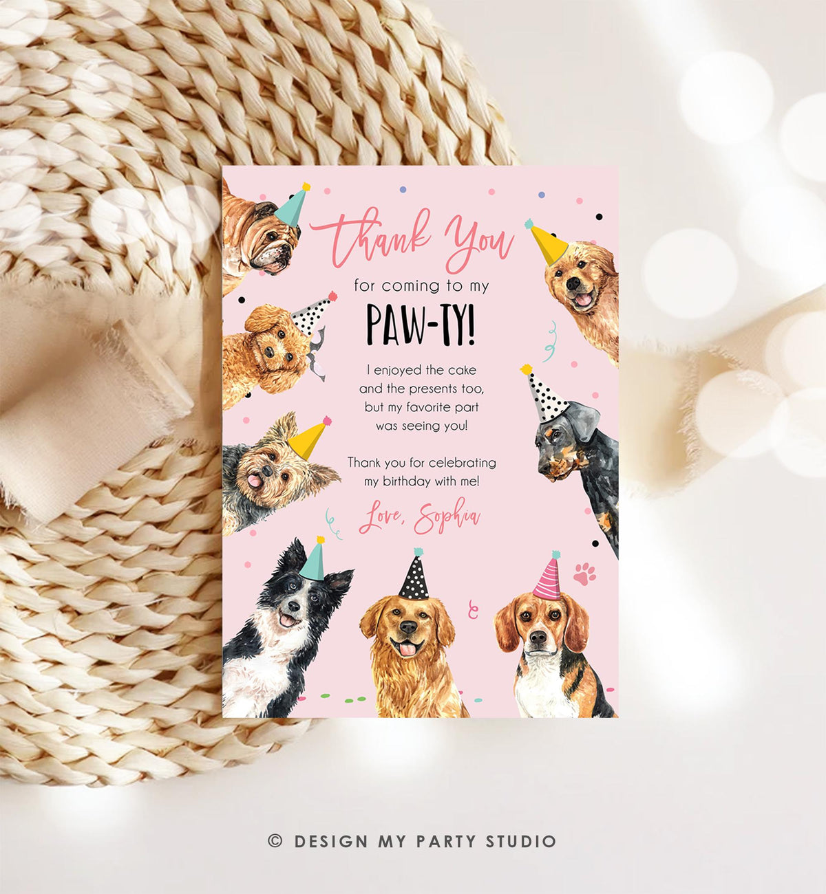 Editable Dog Birthday Thank You Card Puppy Birthday Note Pink Girl Pawty Birthday Animal Pet Vet Digital Download Template Printable 0384