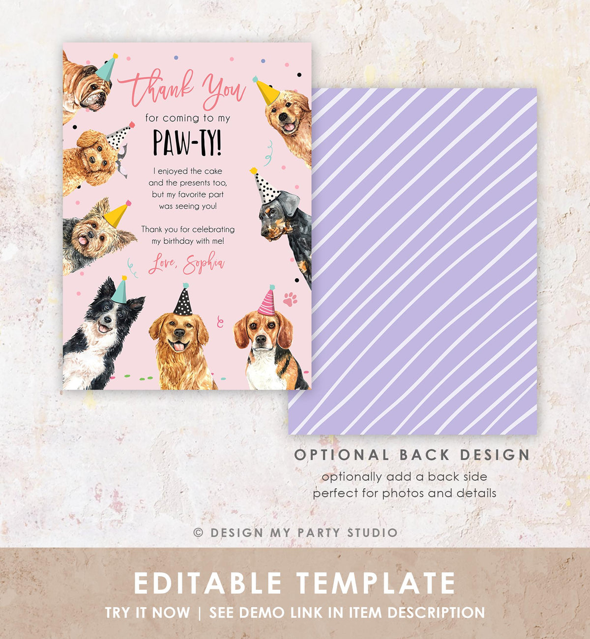 Editable Dog Birthday Thank You Card Puppy Birthday Note Pink Girl Pawty Birthday Animal Pet Vet Digital Download Template Printable 0384