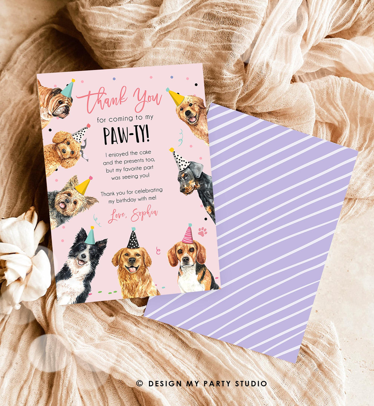 Editable Dog Birthday Thank You Card Puppy Birthday Note Pink Girl Pawty Birthday Animal Pet Vet Digital Download Template Printable 0384