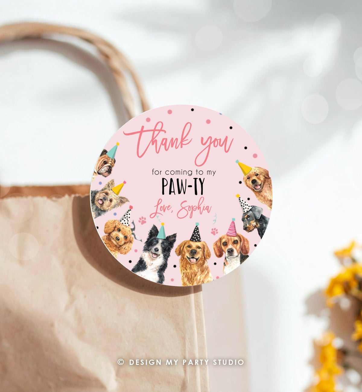Editable Puppy Favor Tag Puppy Dog Birthday Thank you tag Girl Pink Puppies Pup Pet Vet Animal Doggy Shelter Digital Template Printable 0384