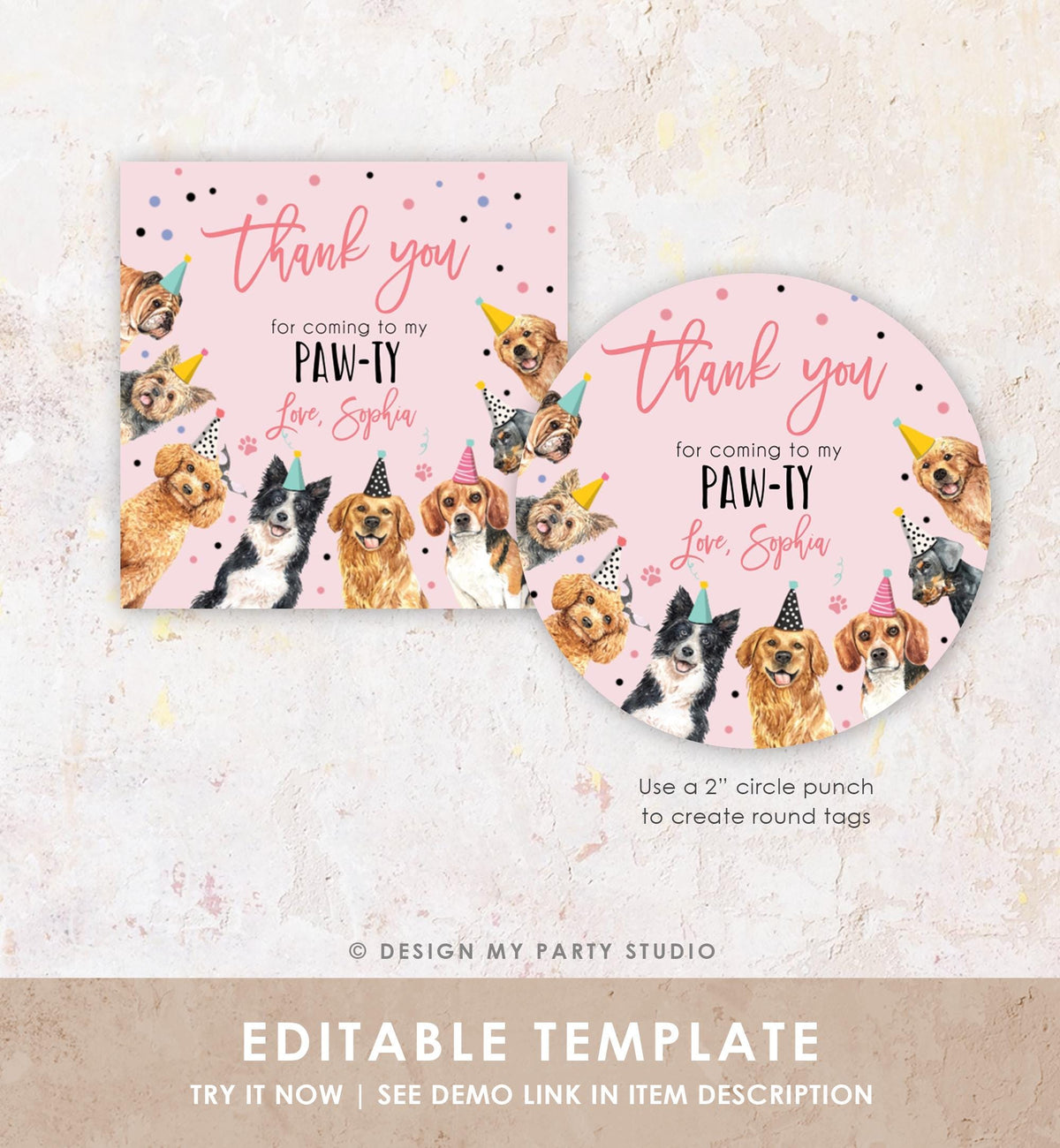 Editable Puppy Favor Tag Puppy Dog Birthday Thank you tag Girl Pink Puppies Pup Pet Vet Animal Doggy Shelter Digital Template Printable 0384