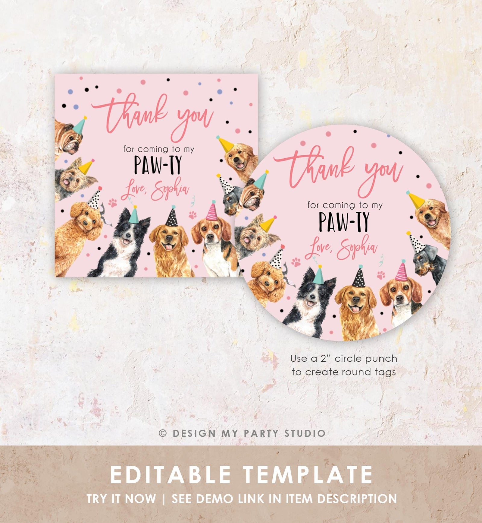 Editable Puppy Favor Tag Puppy Dog Birthday Thank you tag Girl Pink Puppies Pup Pet Vet Animal Doggy Shelter Digital Template Printable 0384