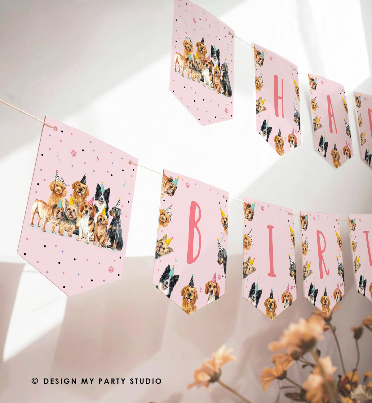 Happy Birthday Banner Dog Birthday Banner Puppy Pawty Girl Decor Animal Pet Vet Puppy Party Dogs 1st Pink Digital Download Printable 0384