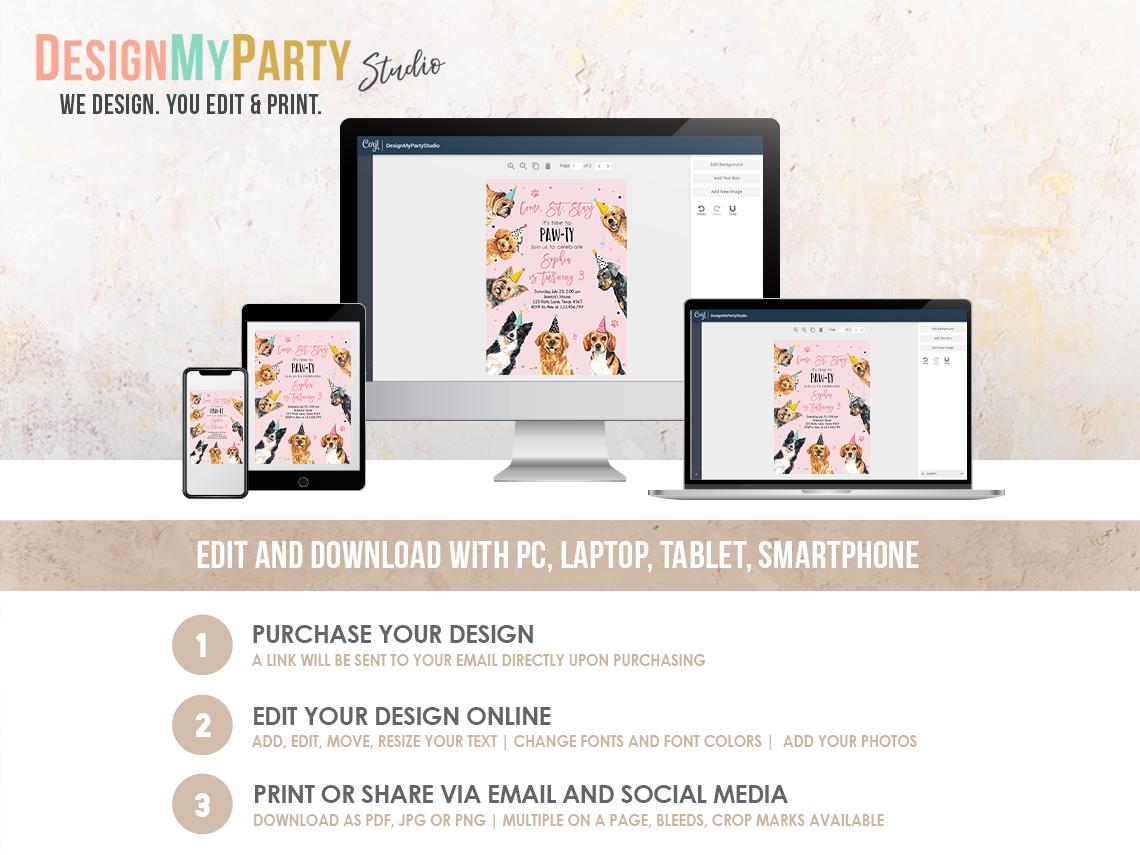 Dog Birthday Invitation Bundle Dogs Puppy Party Pink Birthday Come Sit Stay Girl 1st Birthday Digital Download Template Printable 0384