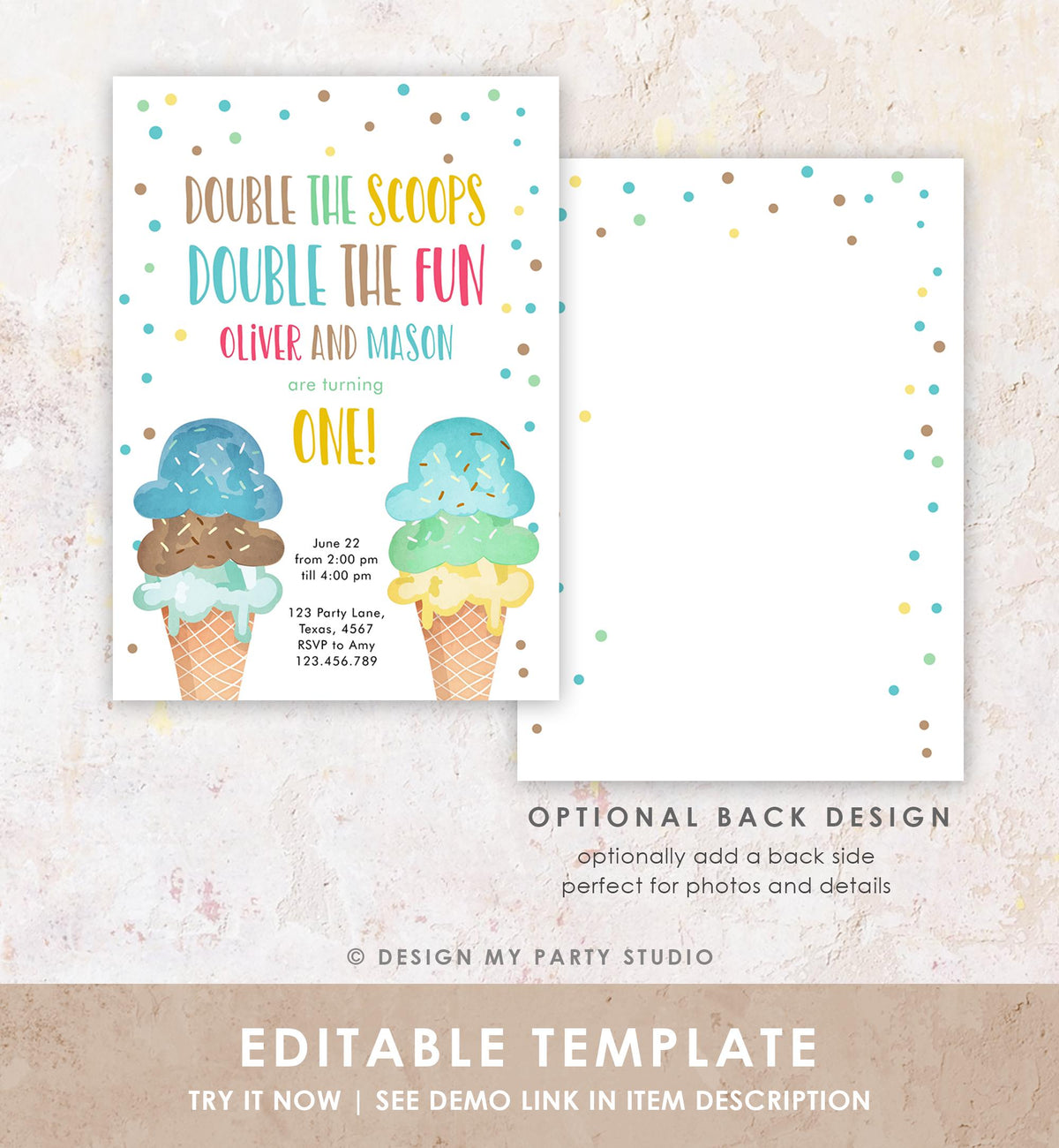 Editable Twin Ice Cream Birthday Invitation First Birthday Double the Scoops Double Fun Twins Boy Blue Digital Evite Template Printable 0243