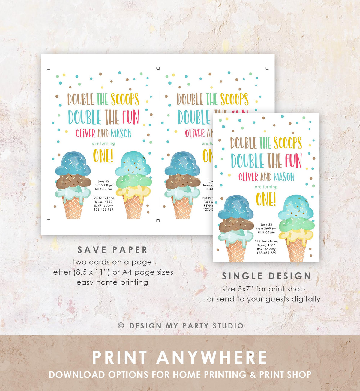 Editable Twin Ice Cream Birthday Invitation First Birthday Double the Scoops Double Fun Twins Boy Blue Digital Evite Template Printable 0243