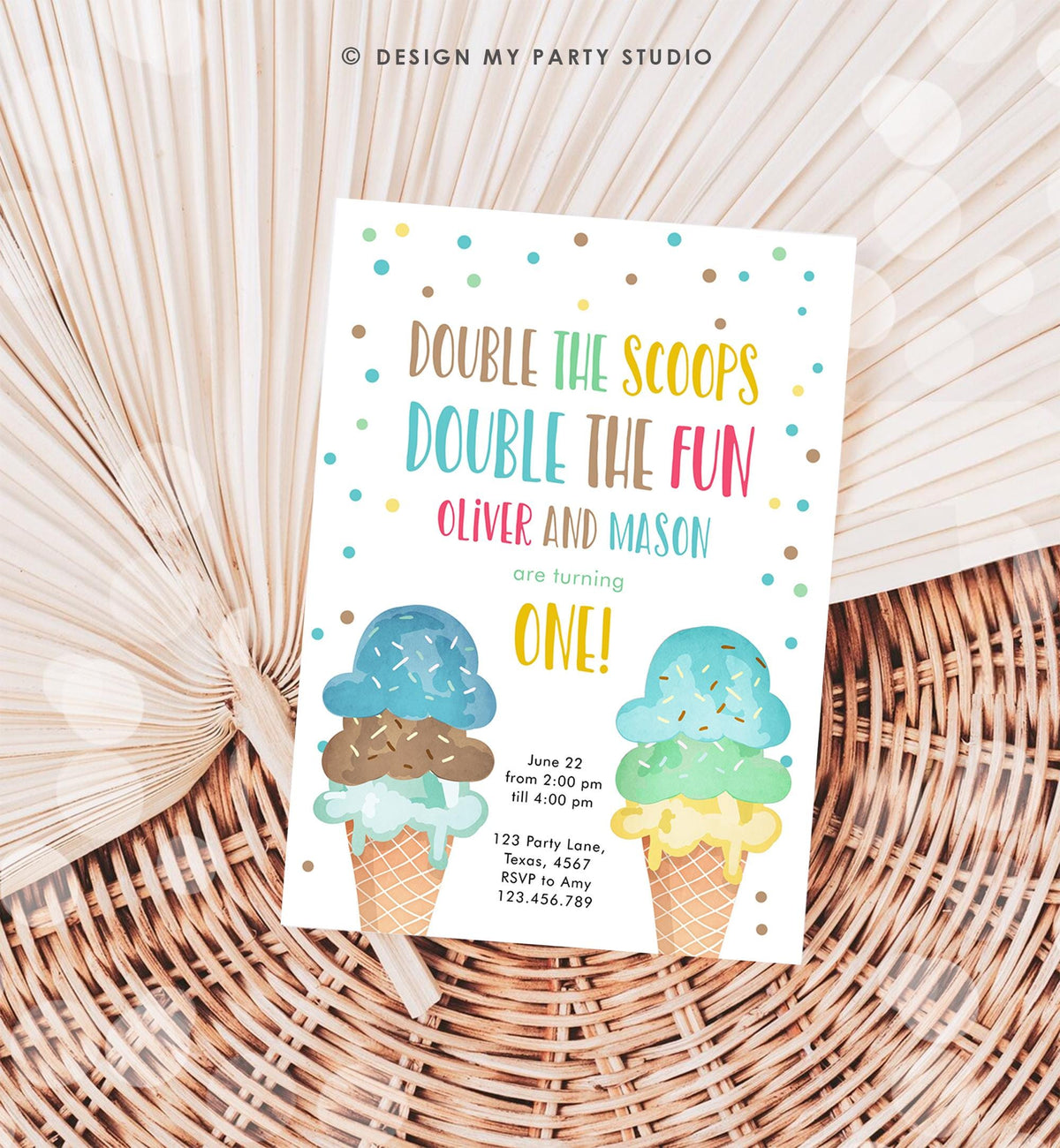 Editable Twin Ice Cream Birthday Invitation First Birthday Double the Scoops Double Fun Twins Boy Blue Digital Evite Template Printable 0243