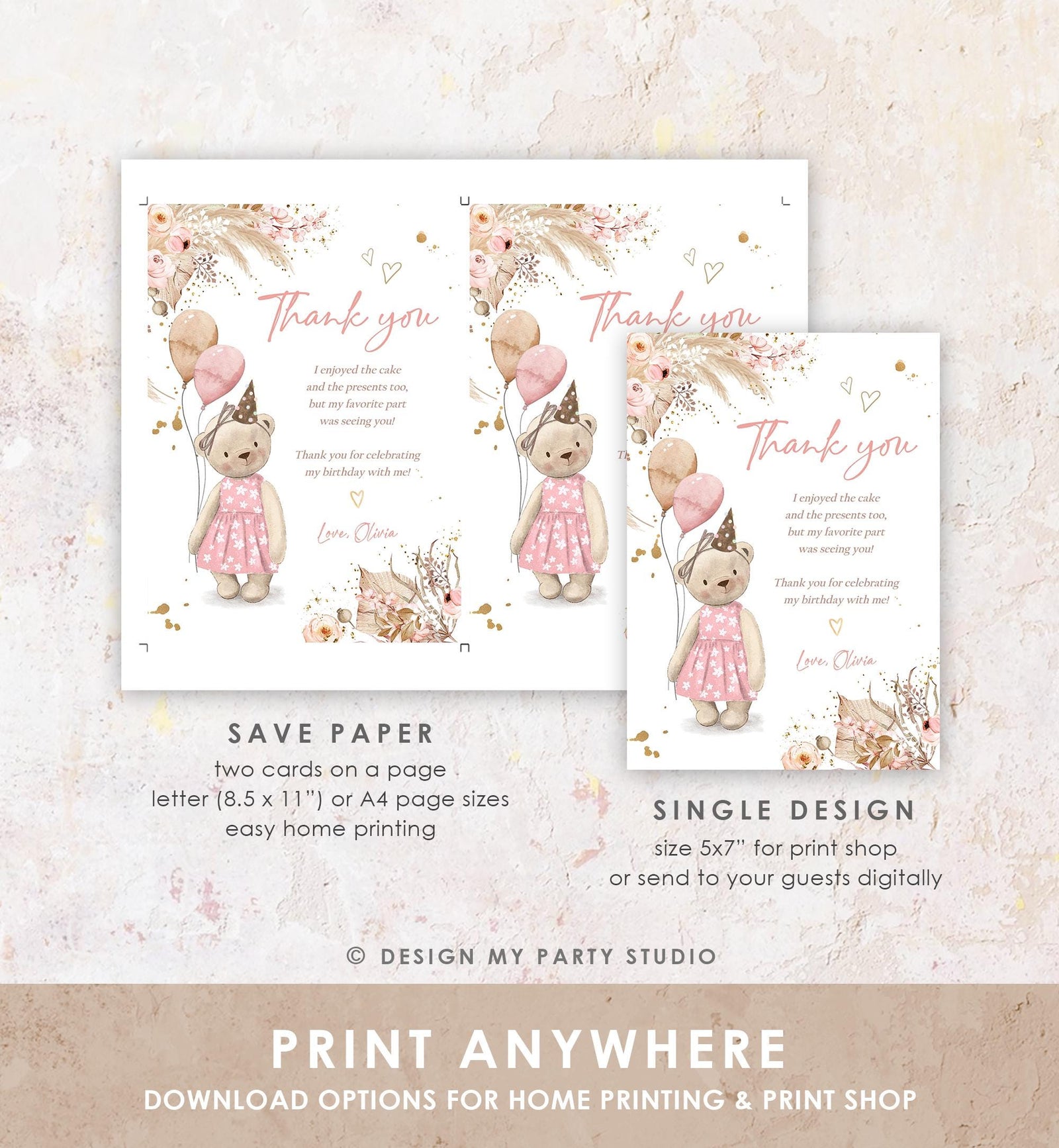 Editable Cute Teddy Bear Thank You Card Rustic Boho Pink Pampas Grass Summer Picnic Note Girl Birthday Digital Template Printable 0421
