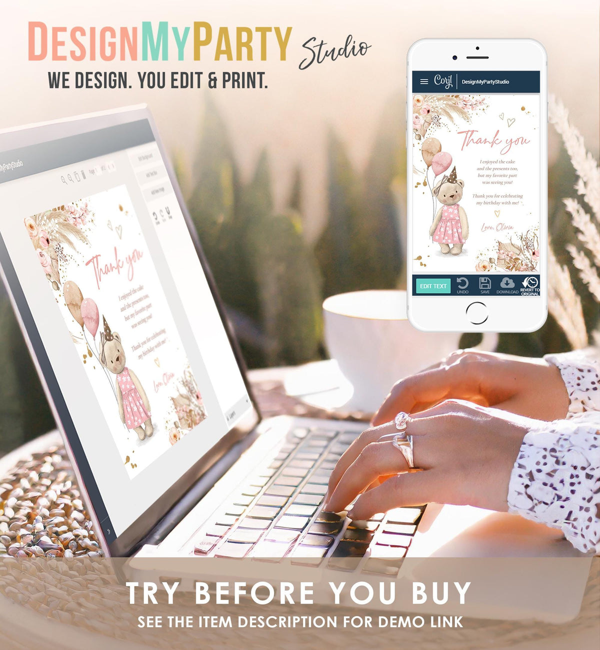 Editable Cute Teddy Bear Thank You Card Rustic Boho Pink Pampas Grass Summer Picnic Note Girl Birthday Digital Template Printable 0421