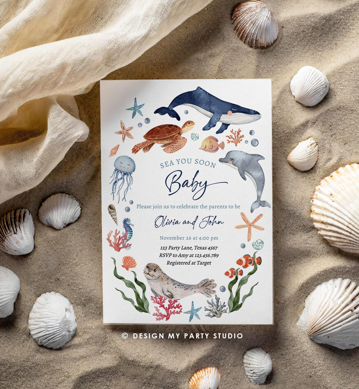 Editable Sea You Soon Baby Shower Invitation Nautical Shower Under The Sea Sea Life Ocean Animals Digital Download Template Printable 0504