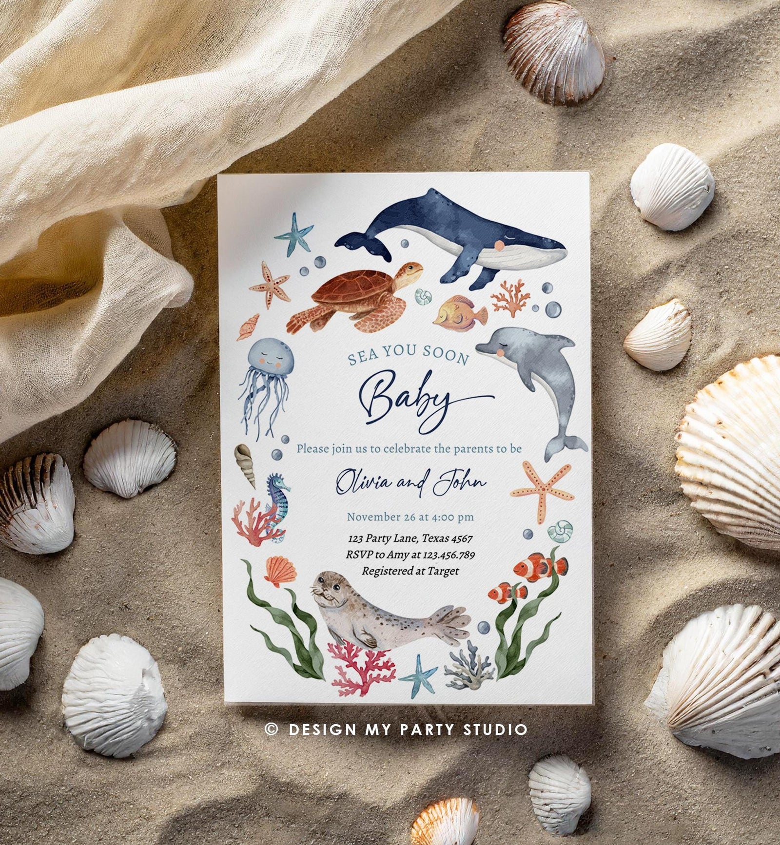 Editable Sea You Soon Baby Shower Invitation Nautical Shower Under The Sea Sea Life Ocean Animals Digital Download Template Printable 0504