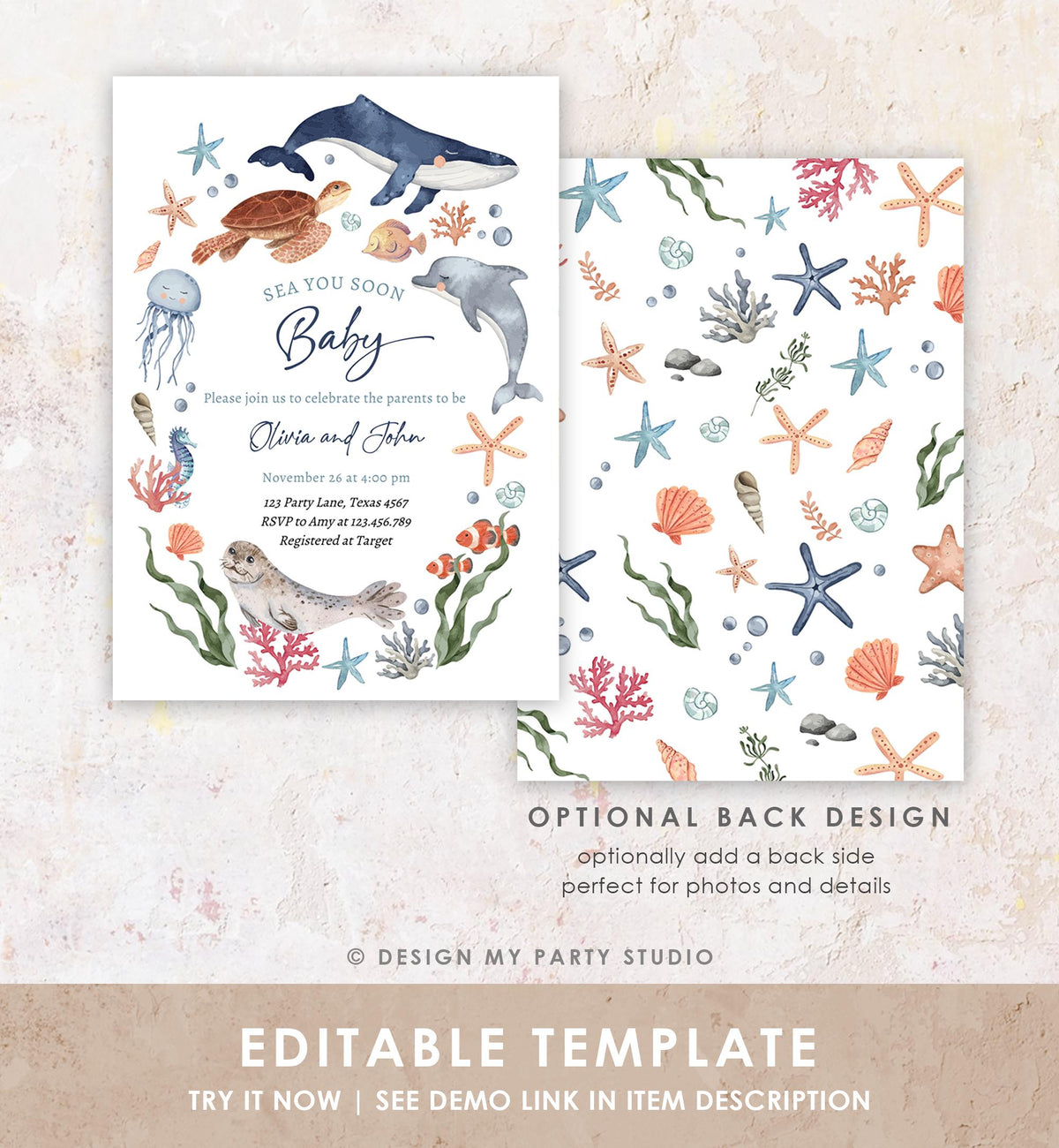 Editable Sea You Soon Baby Shower Invitation Nautical Shower Under The Sea Sea Life Ocean Animals Digital Download Template Printable 0504