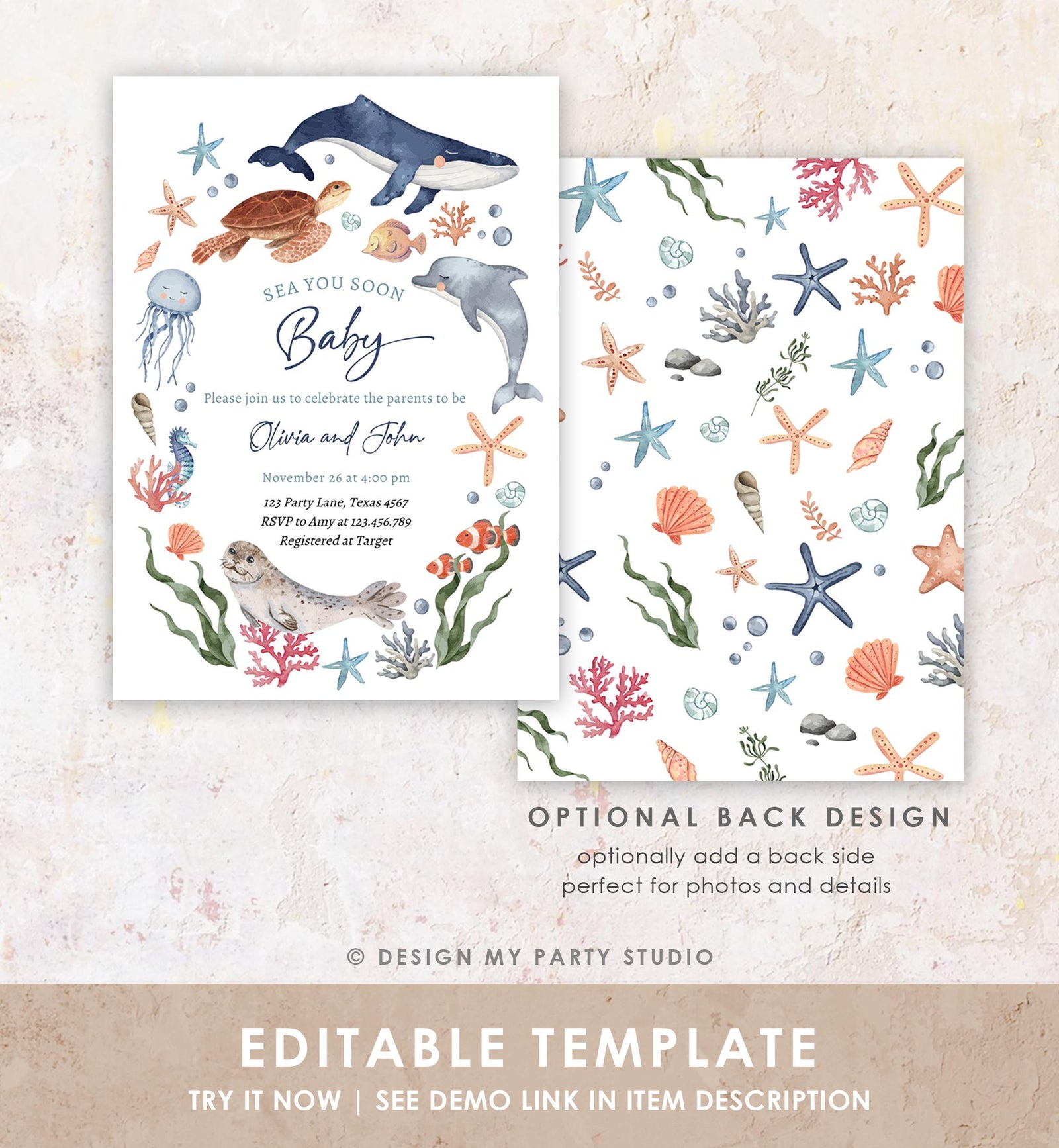Editable Sea You Soon Baby Shower Invitation Nautical Shower Under The Sea Sea Life Ocean Animals Digital Download Template Printable 0504