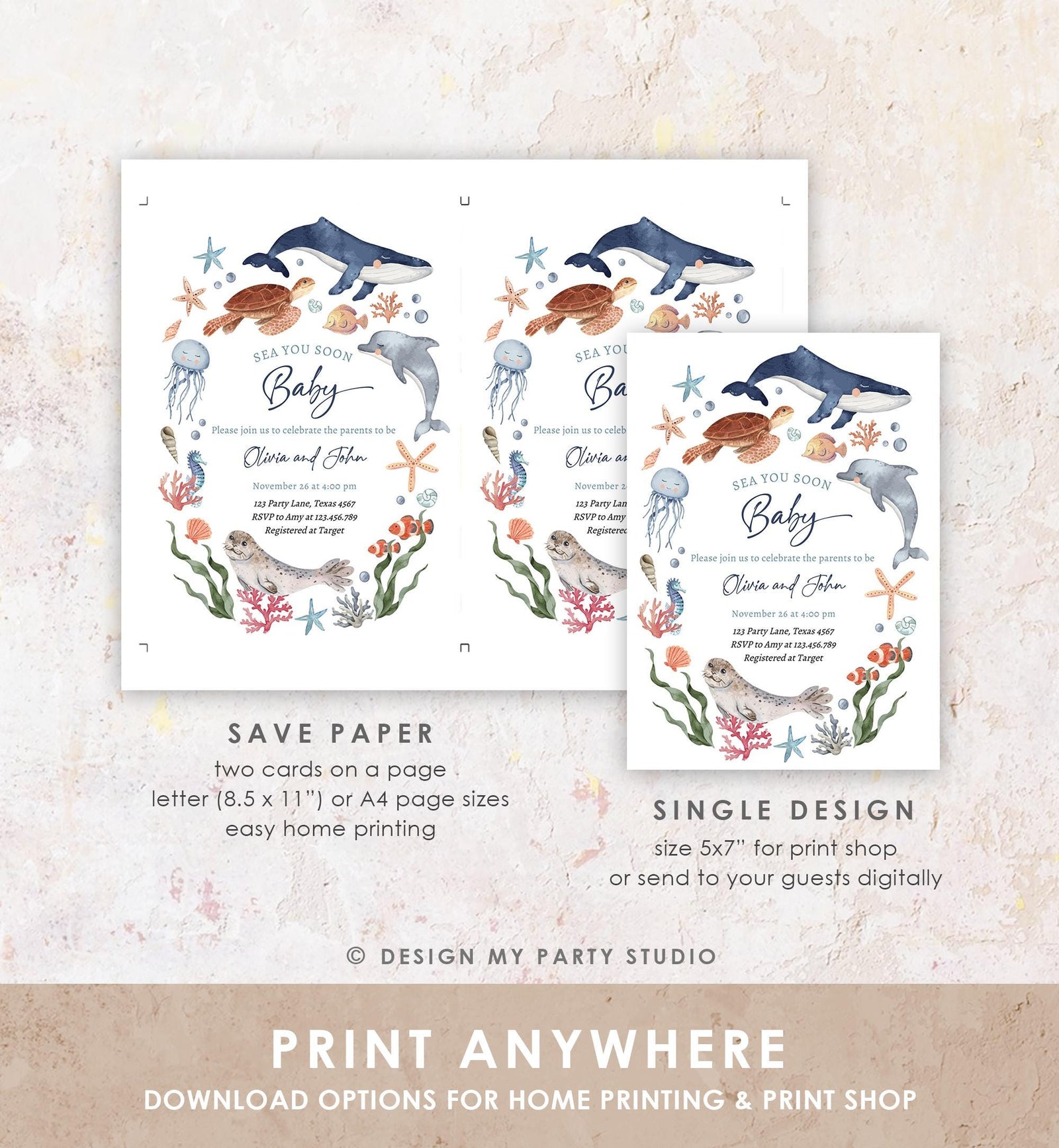 Editable Sea You Soon Baby Shower Invitation Nautical Shower Under The Sea Sea Life Ocean Animals Digital Download Template Printable 0504