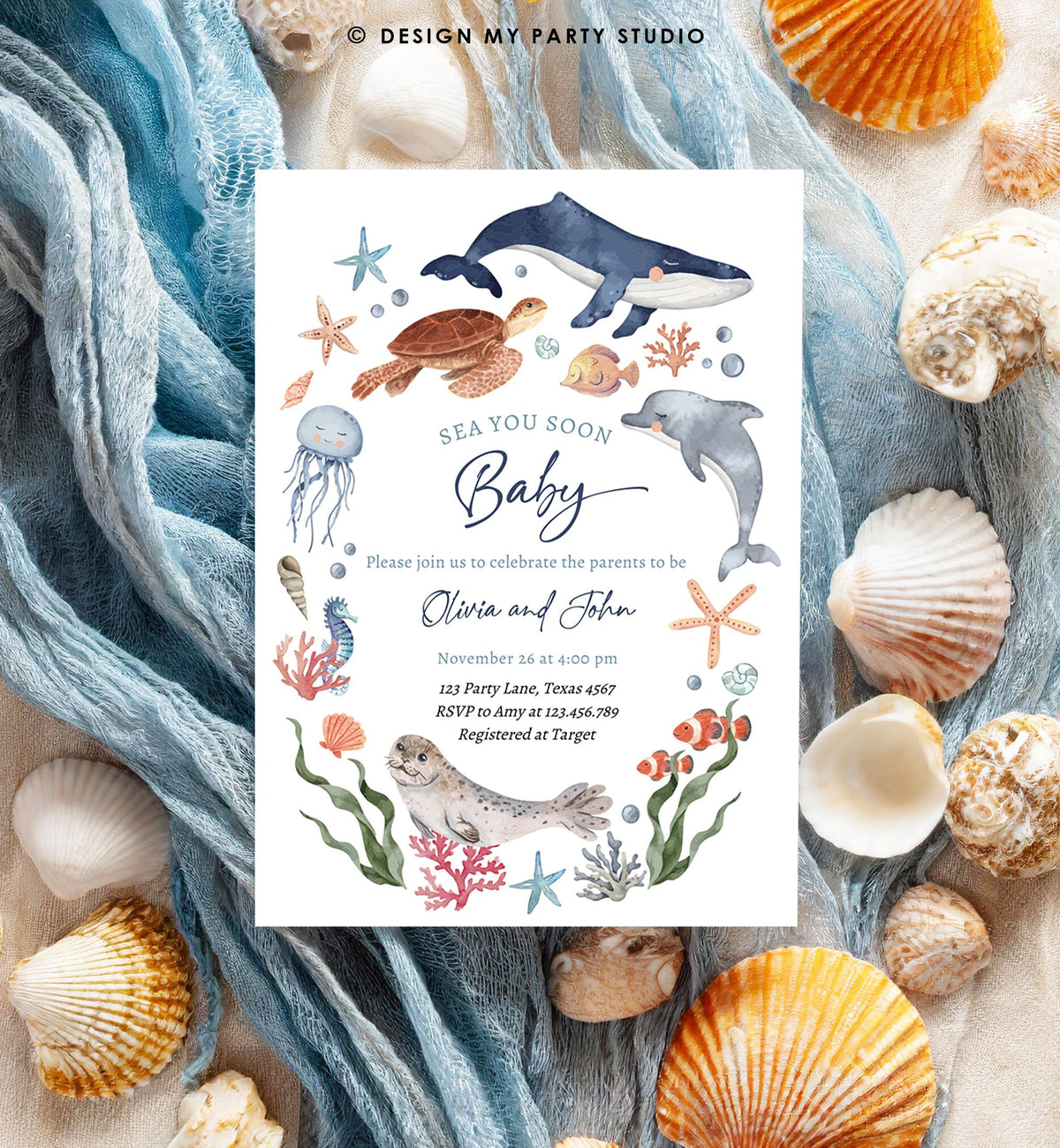 Editable Sea You Soon Baby Shower Invitation Nautical Shower Under The Sea Sea Life Ocean Animals Digital Download Template Printable 0504