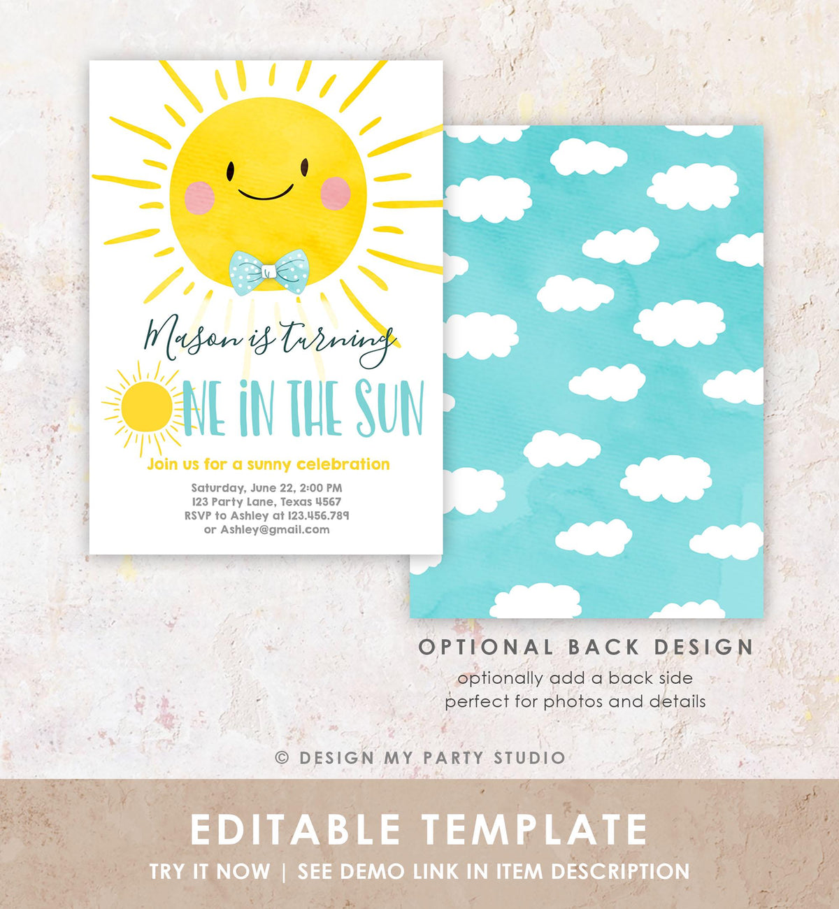 Editable One in the Sun Sunshine Birthday Invitation Summer Party First Birthday Party Boy Blue Bow Tie Download Template Printable 0141