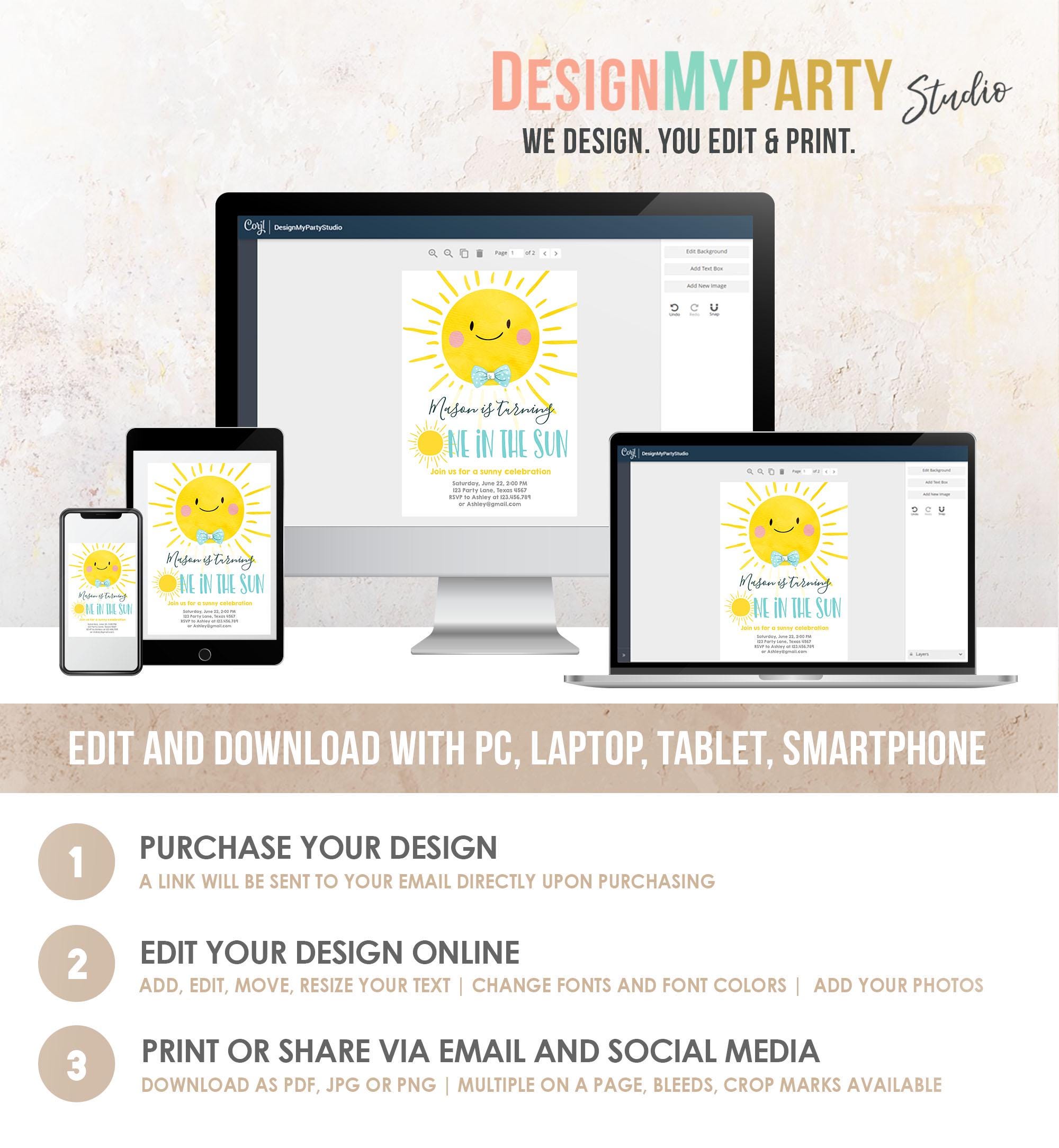 Editable One in the Sun Sunshine Birthday Invitation Summer Party First Birthday Party Boy Blue Bow Tie Download Template Printable 0141