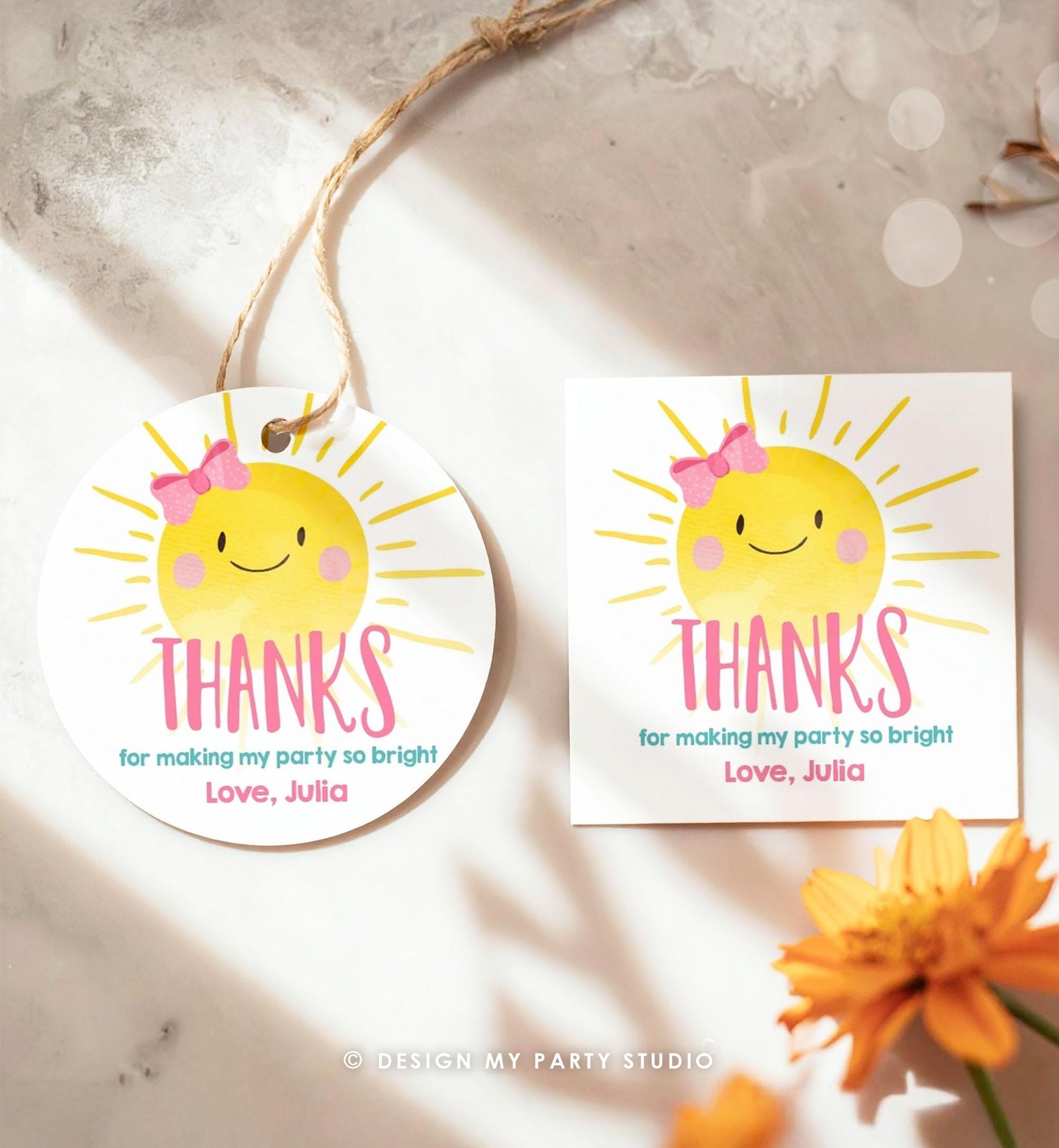Editable Little Sunshine Favor Tags Girl Pink First Birthday Thank You Tags Label Sun Bow Square Round Corjl Template Printable 0141