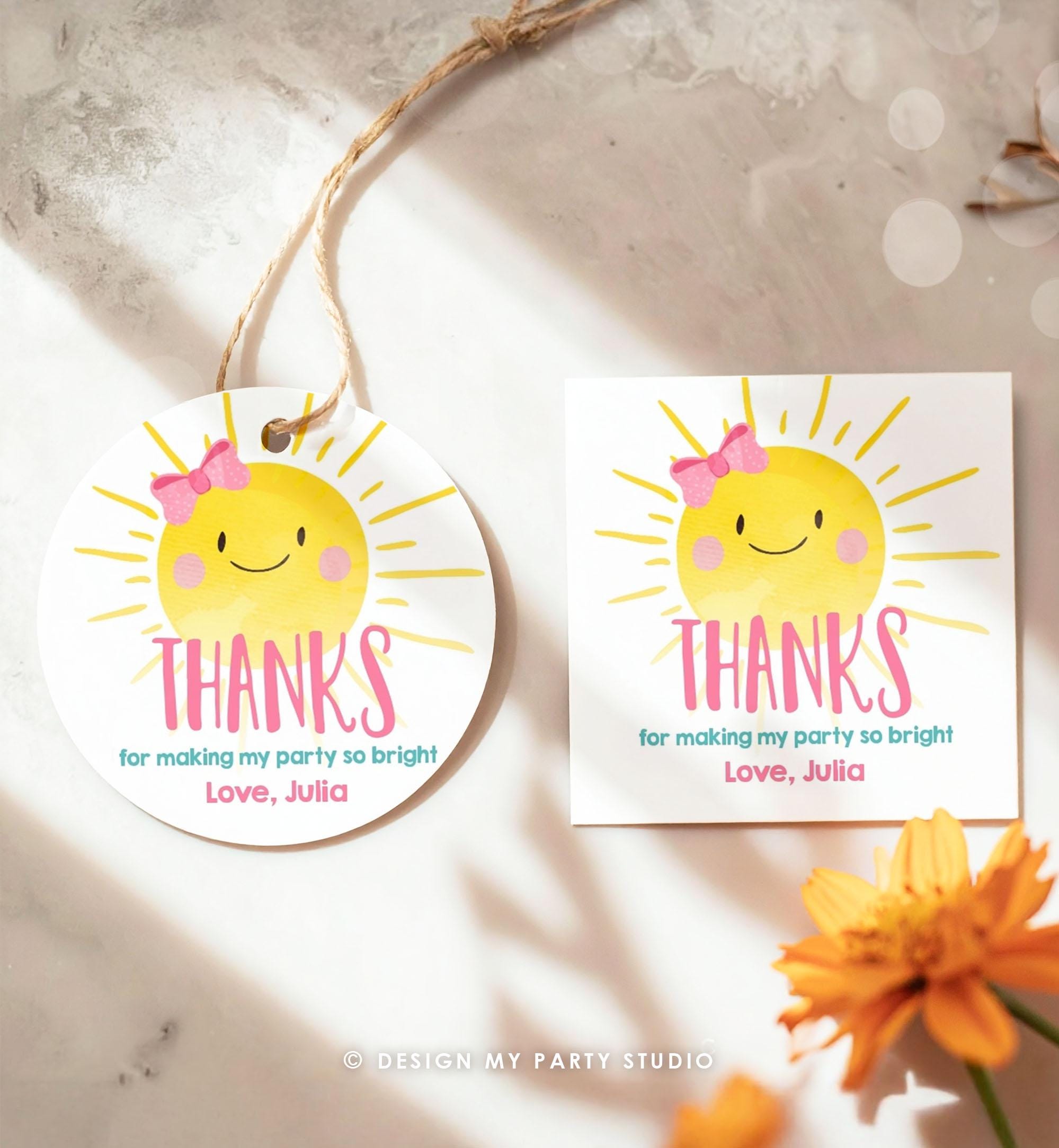 Editable Little Sunshine Favor Tags Girl Pink First Birthday Thank You Tags Label Sun Bow Square Round Corjl Template Printable 0141
