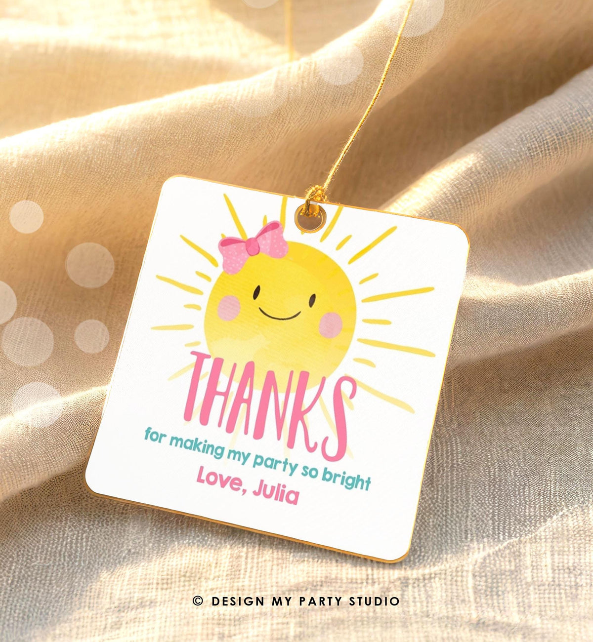 Editable Little Sunshine Favor Tags Girl Pink First Birthday Thank You Tags Label Sun Bow Square Round Corjl Template Printable 0141