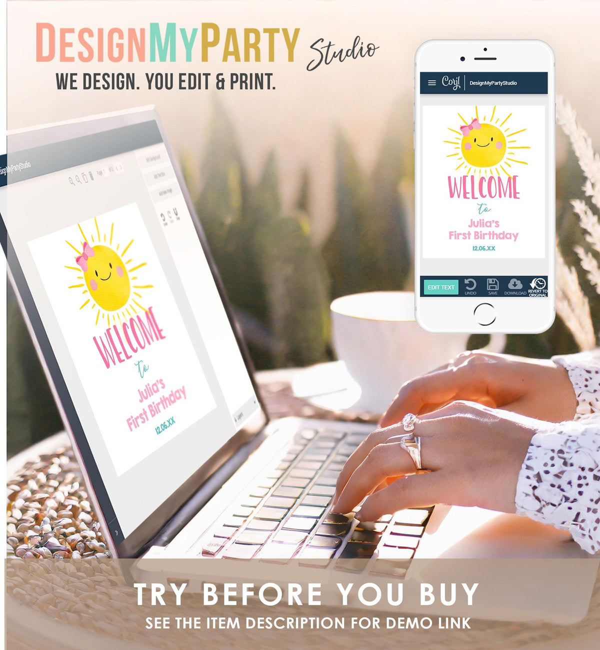 Editable Sunshine Welcome Sign Little Sunshine Birthday Party Pink Girl One in The Sun Summer Lemonade Stand Digital Template Printable 0141