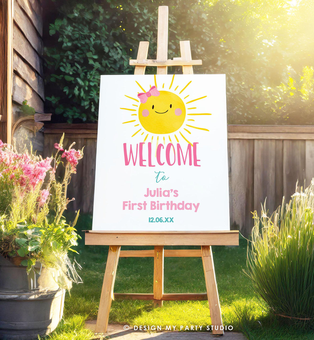 Editable Sunshine Welcome Sign Little Sunshine Birthday Party Pink Girl One in The Sun Summer Lemonade Stand Digital Template Printable 0141