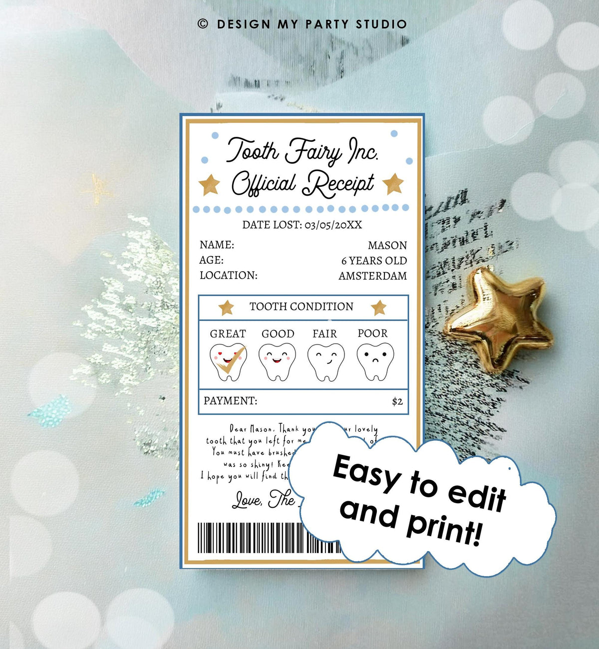Editable Tooth Fairy Receipt First Lost Tooth Certificate Official Fairy Note Kids Tooth Fairy Letter Boy Digital Template Printable 0526
