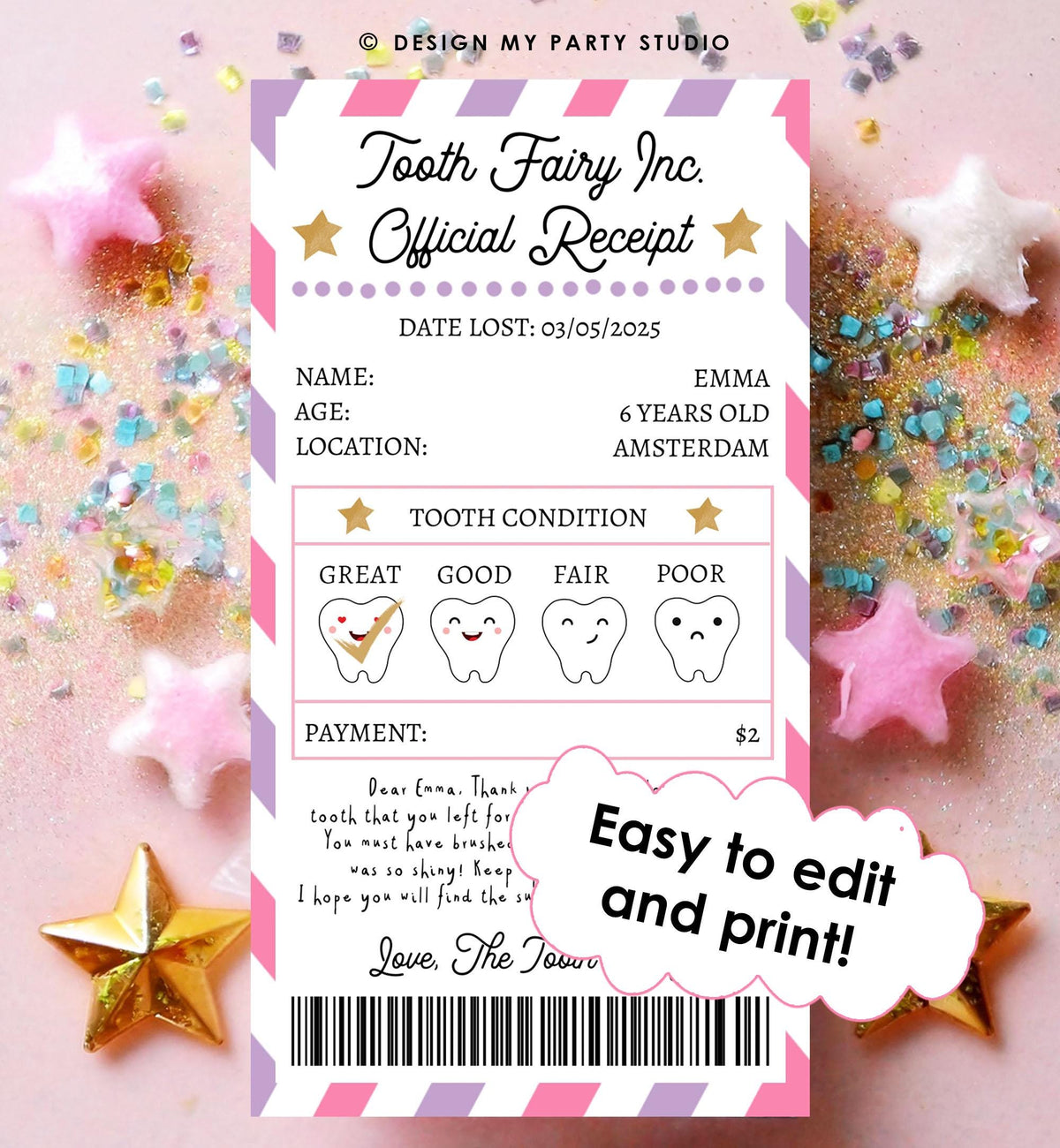 Editable Tooth Fairy Receipt First Lost Tooth Certificate Official Fairy Note Kids Tooth Fairy Letter Girl Digital Template Printable 0526