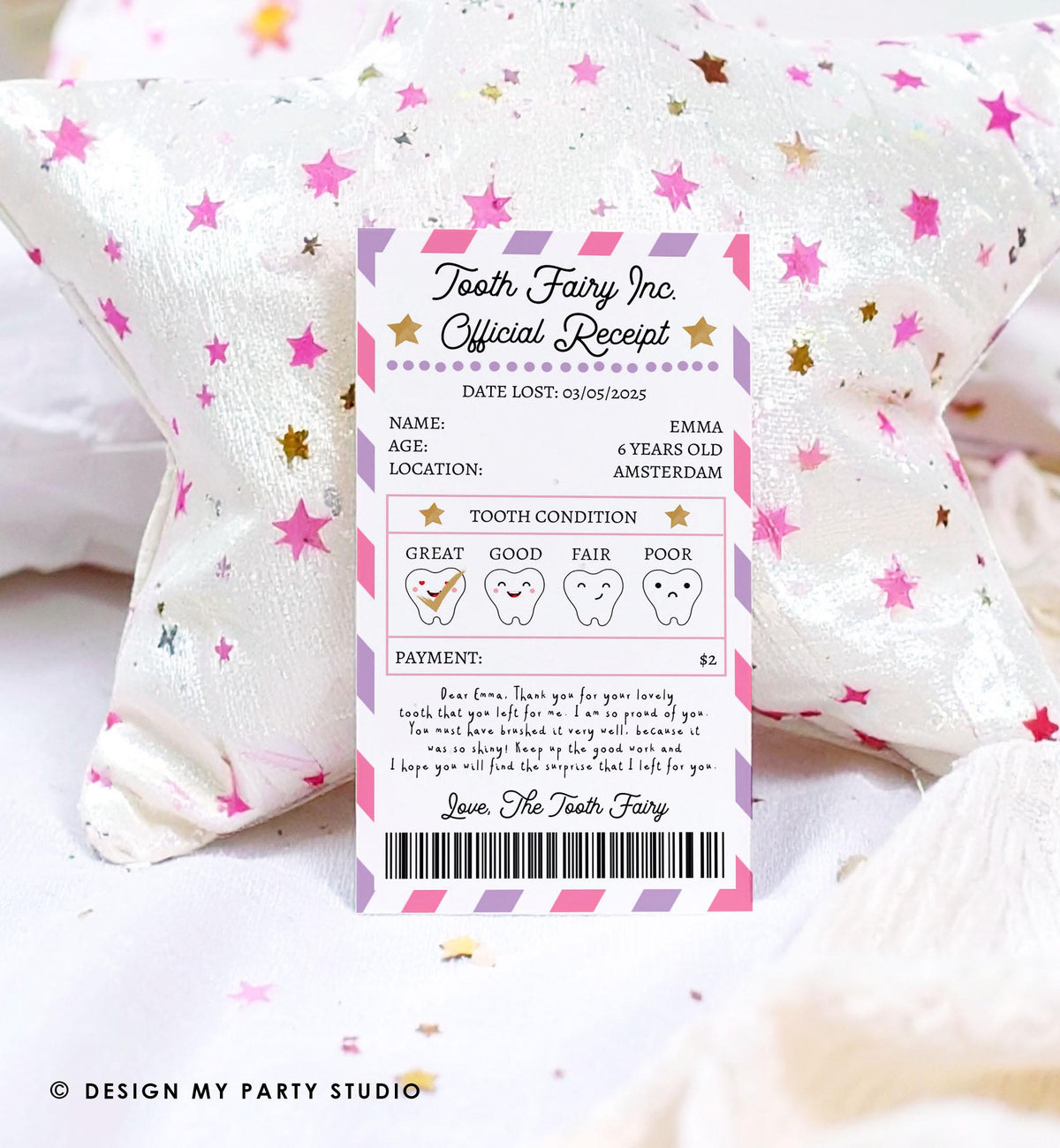 Editable Tooth Fairy Receipt First Lost Tooth Certificate Official Fairy Note Kids Tooth Fairy Letter Girl Digital Template Printable 0526