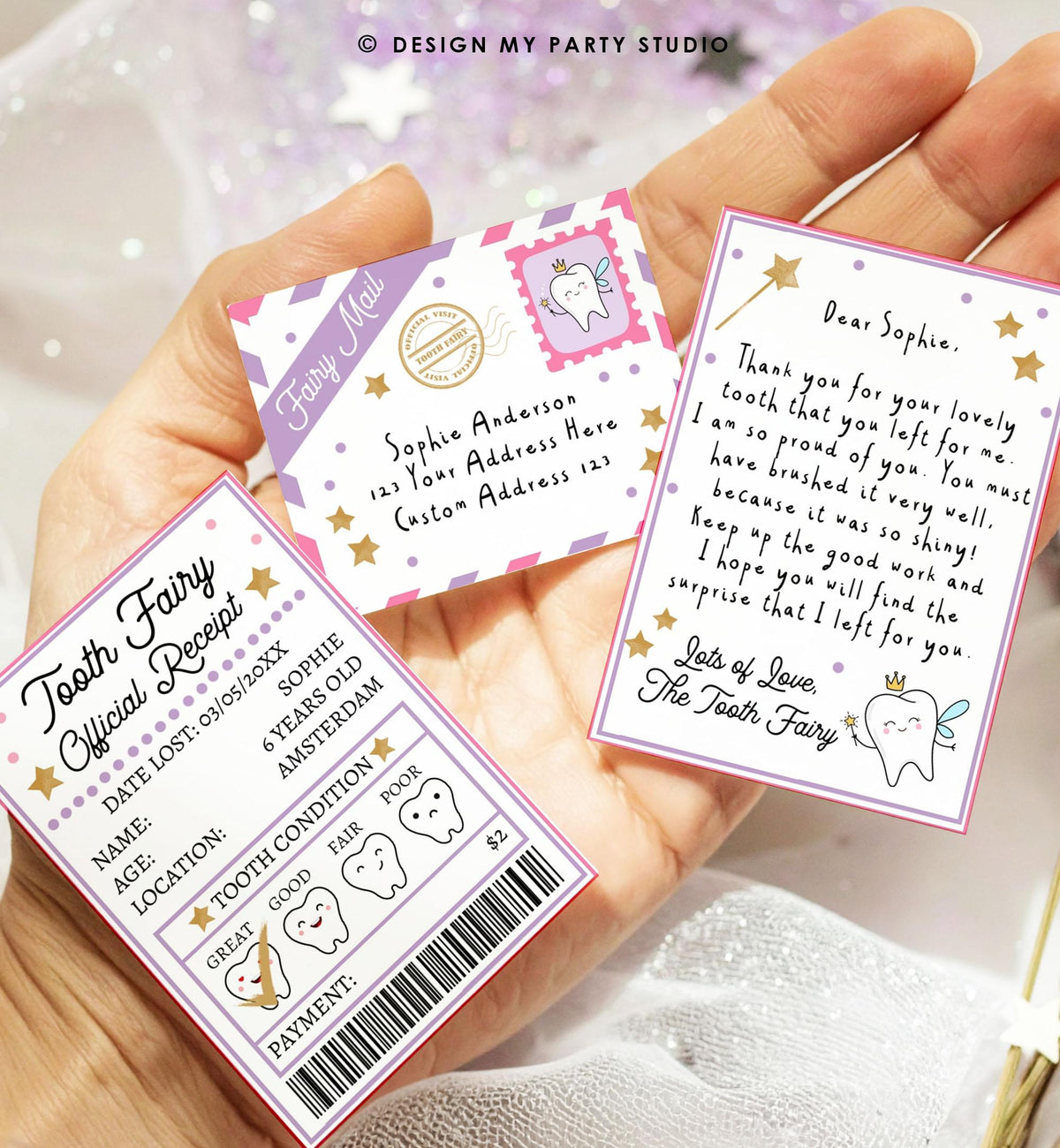 Editable Mini Tooth Fairy Set Pink Receipt and Letter with Envelope Tooth Fairy Kit Lost Tooth Fairy Note Digital Template Printable 0526