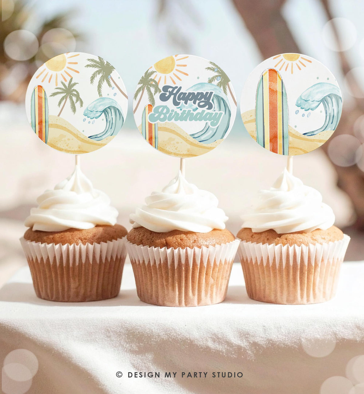 Surf Birthday Cupcake Toppers Beach Surfing Boy Party Favor Tag Sticker The Big One Surf Dude Digital Download Printable 0433