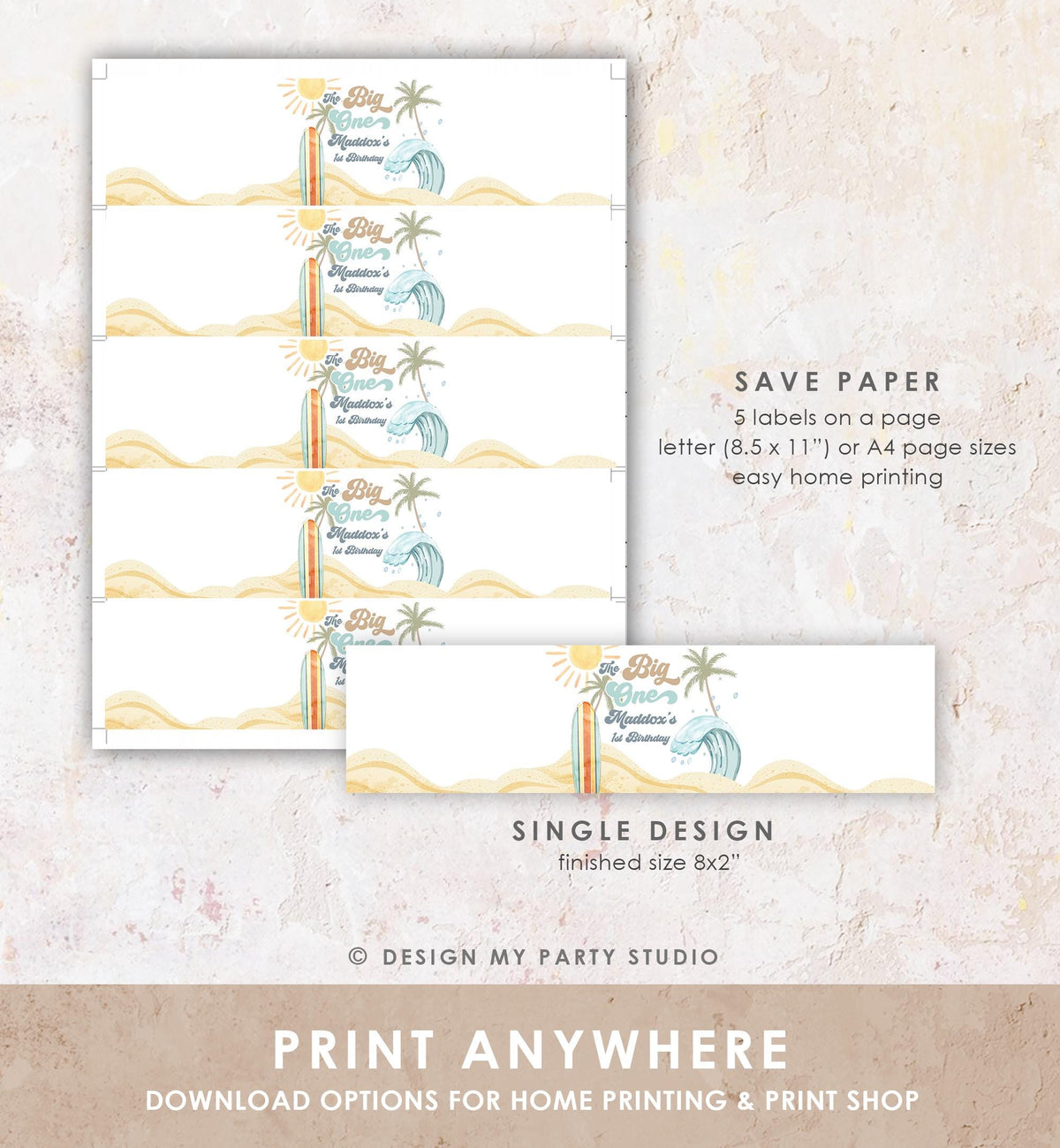 Editable Surf Water Bottle Label The Big One Party Decor Surf 1st Birthday Retro Boy Surfboard Digital Download Template Printable 0433