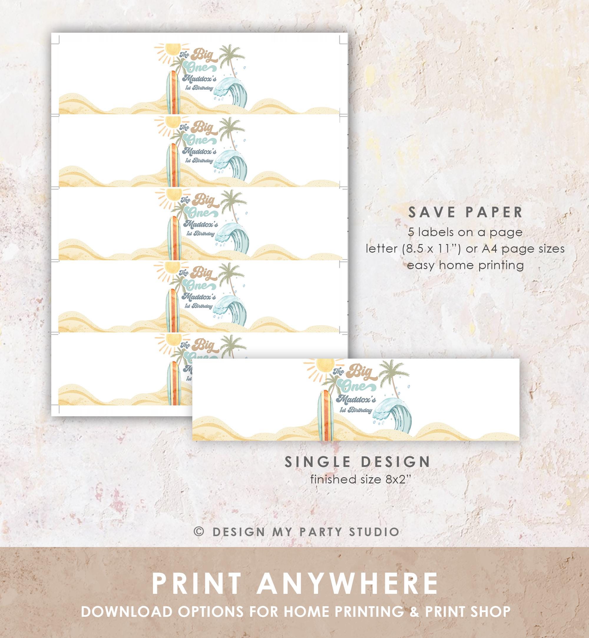 Editable Surf Water Bottle Label The Big One Party Decor Surf 1st Birthday Retro Boy Surfboard Digital Download Template Printable 0433