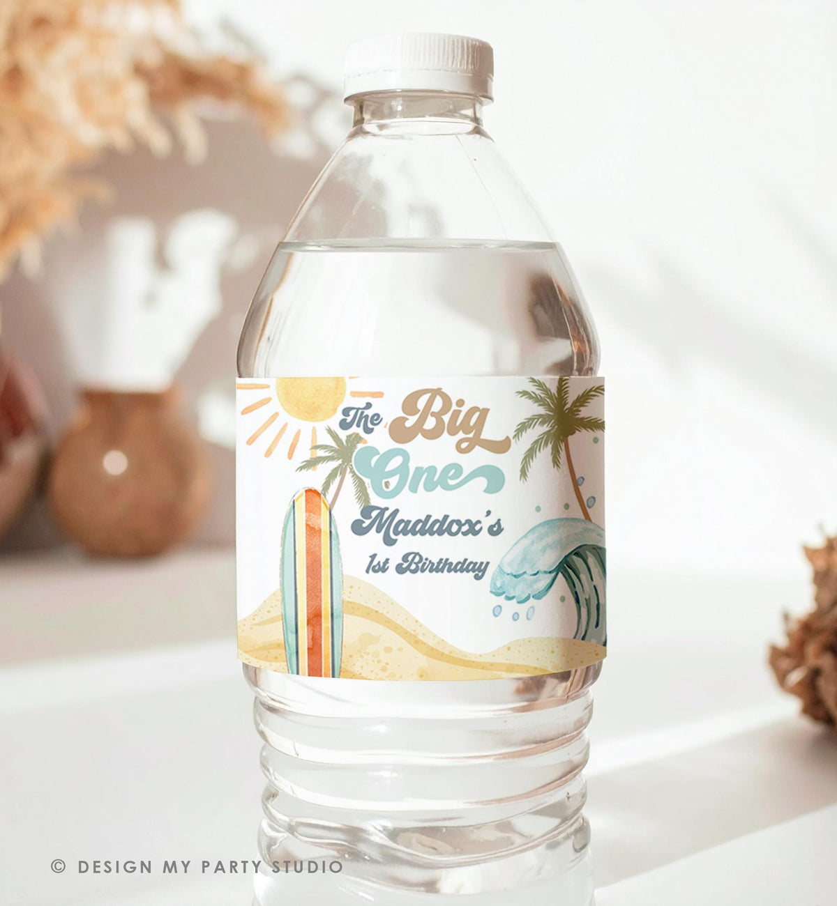 Editable Surf Water Bottle Label The Big One Party Decor Surf 1st Birthday Retro Boy Surfboard Digital Download Template Printable 0433