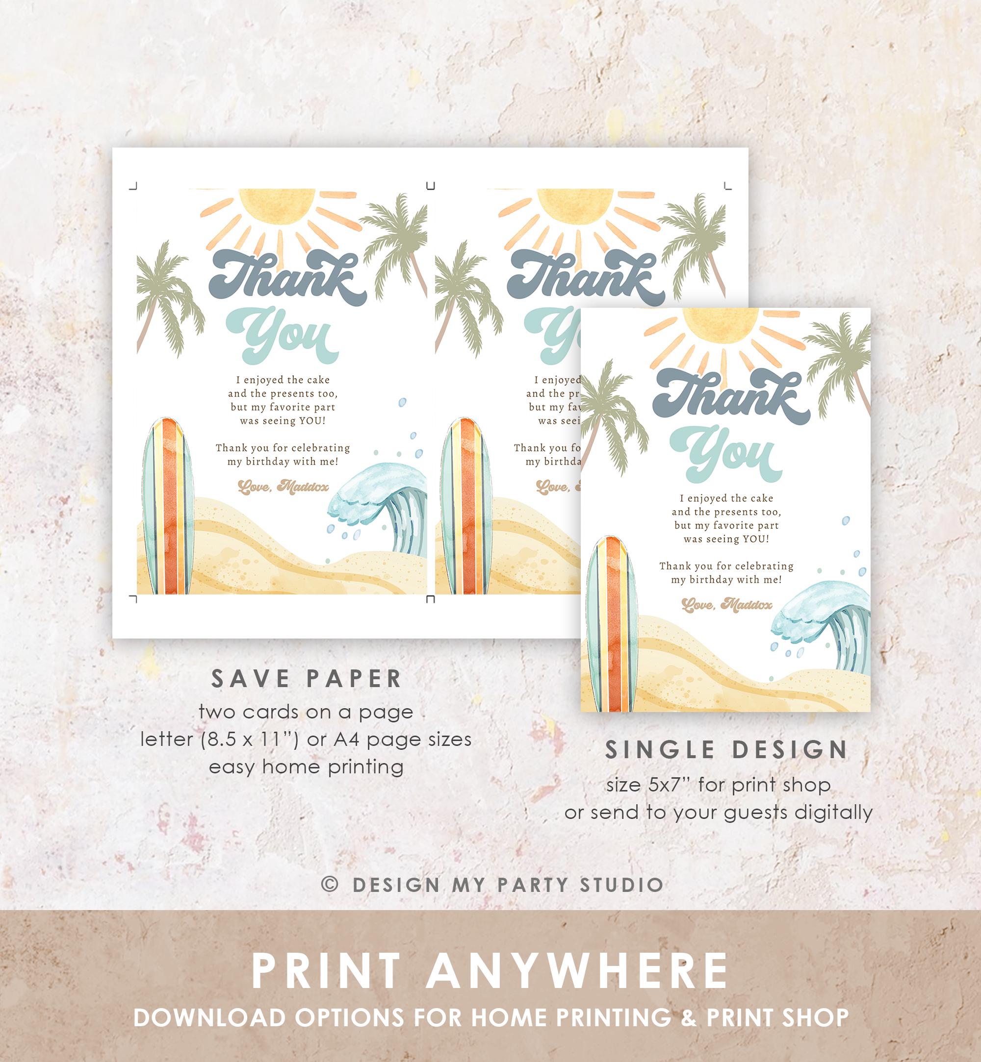 Editable Surf Thank You Card Birthday Party Boy The Big One Surfing Beach Summer First Birthday Digital Download Template Printable 0433