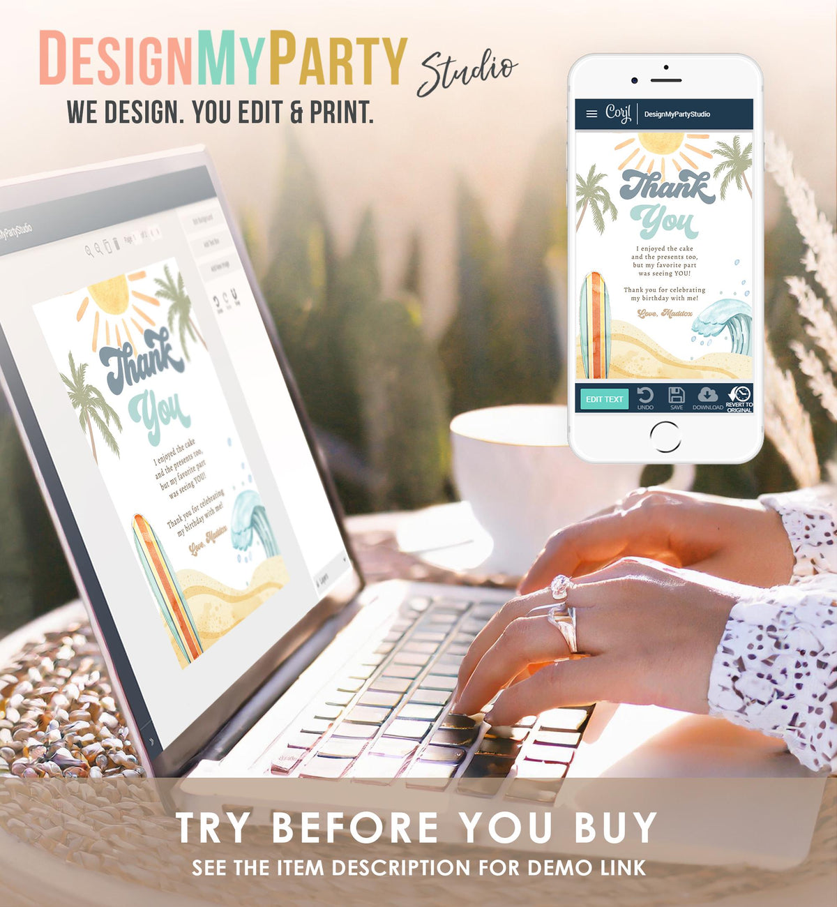 Editable Surf Thank You Card Birthday Party Boy The Big One Surfing Beach Summer First Birthday Digital Download Template Printable 0433