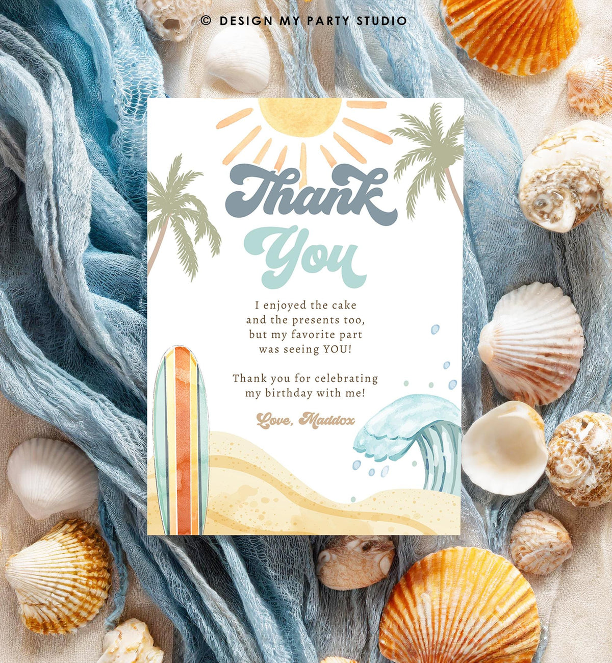 Editable Surf Thank You Card Birthday Party Boy The Big One Surfing Beach Summer First Birthday Digital Download Template Printable 0433