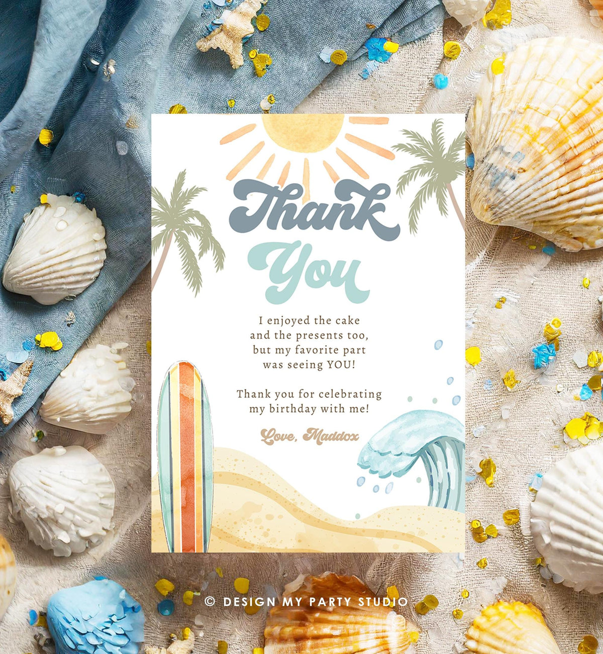 Editable Surf Thank You Card Birthday Party Boy The Big One Surfing Beach Summer First Birthday Digital Download Template Printable 0433