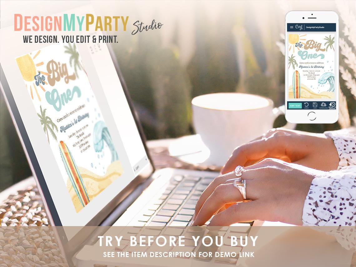 Surf Birthday Invitation Bundle Surfing The Big One Beach Summer Boy First Birthday Retro Groovy Surfboard Digital Template Printable 0433