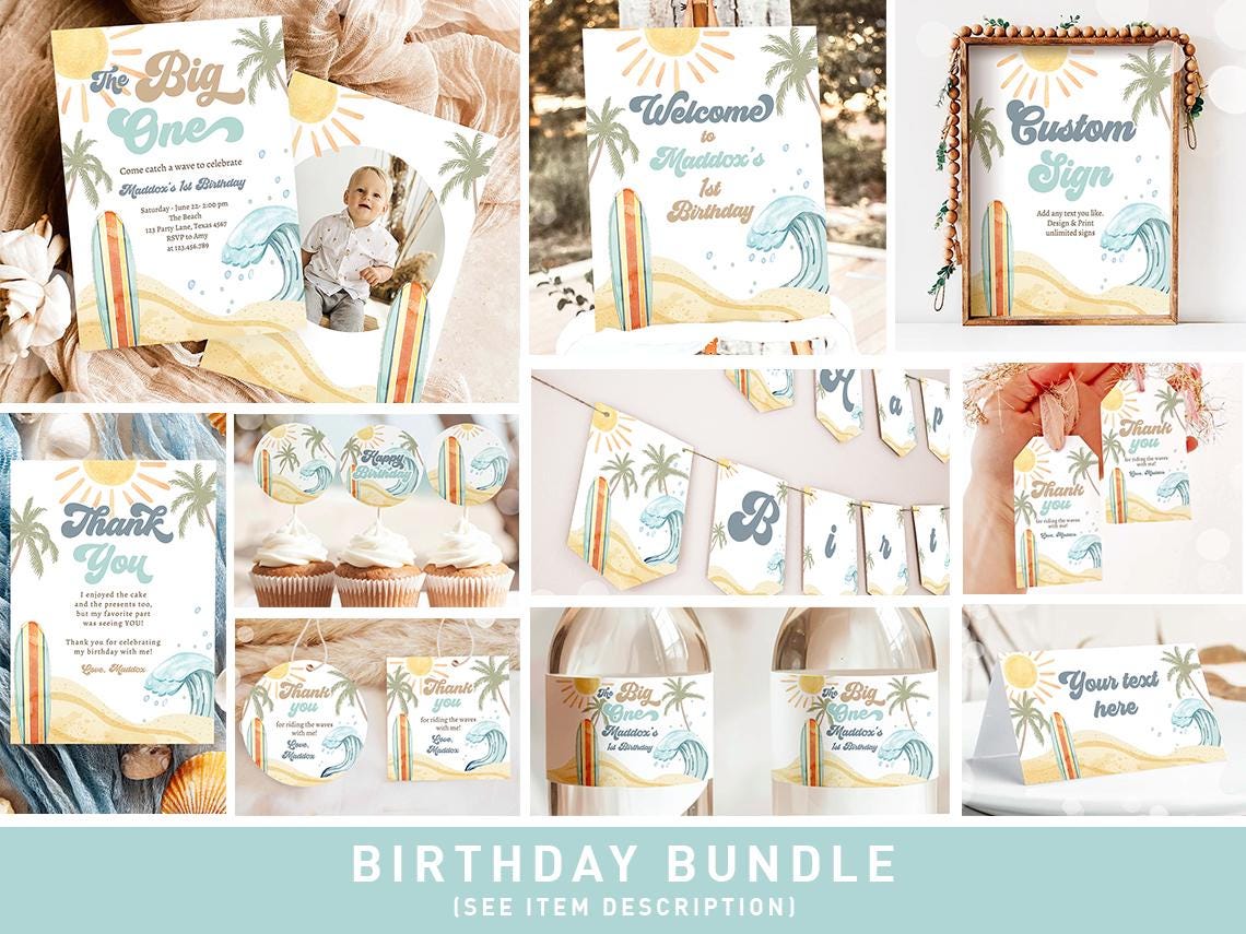 Surf Birthday Invitation Bundle Surfing The Big One Beach Summer Boy First Birthday Retro Groovy Surfboard Digital Template Printable 0433
